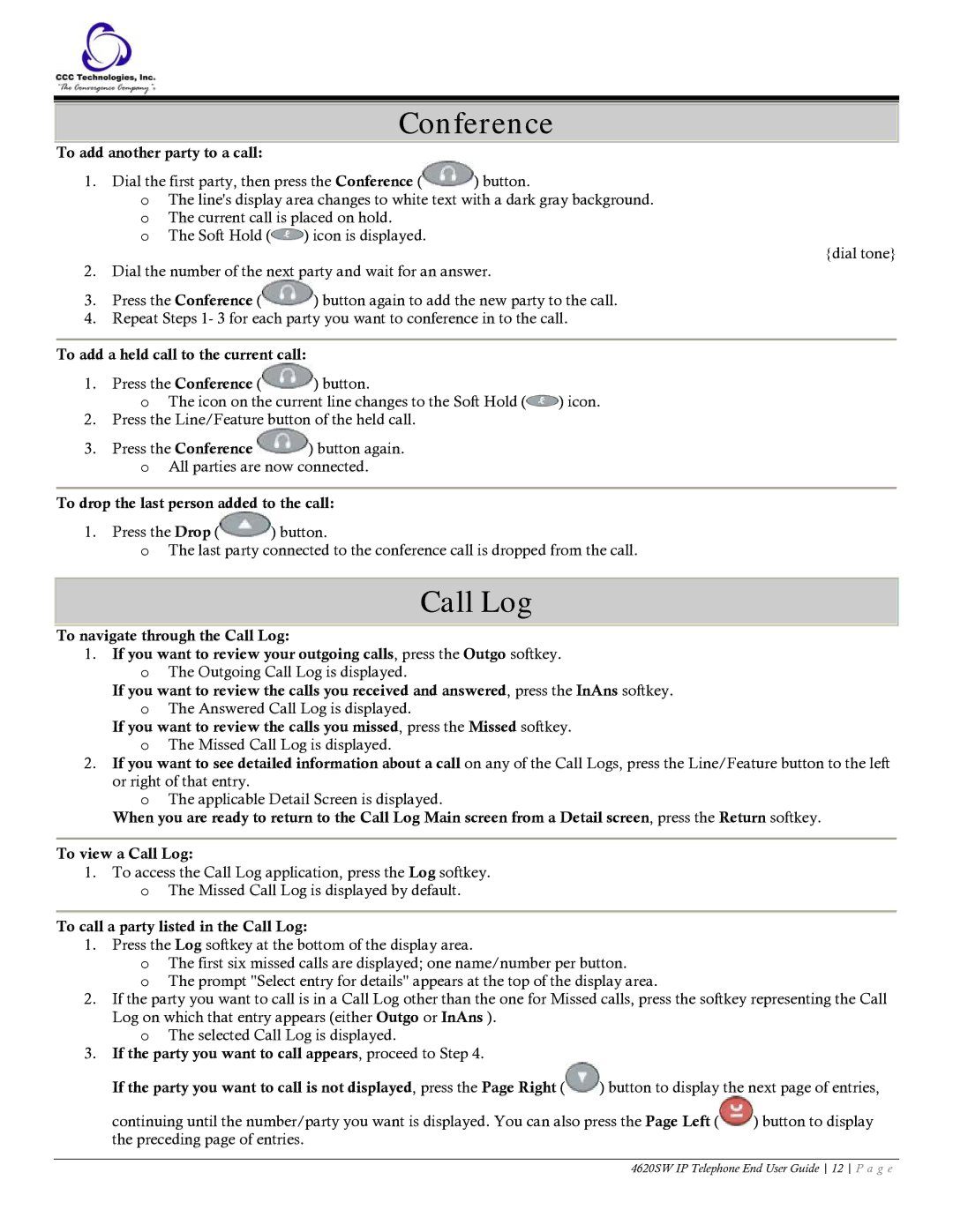 Casio 4620SW manual Conference, Call Log 