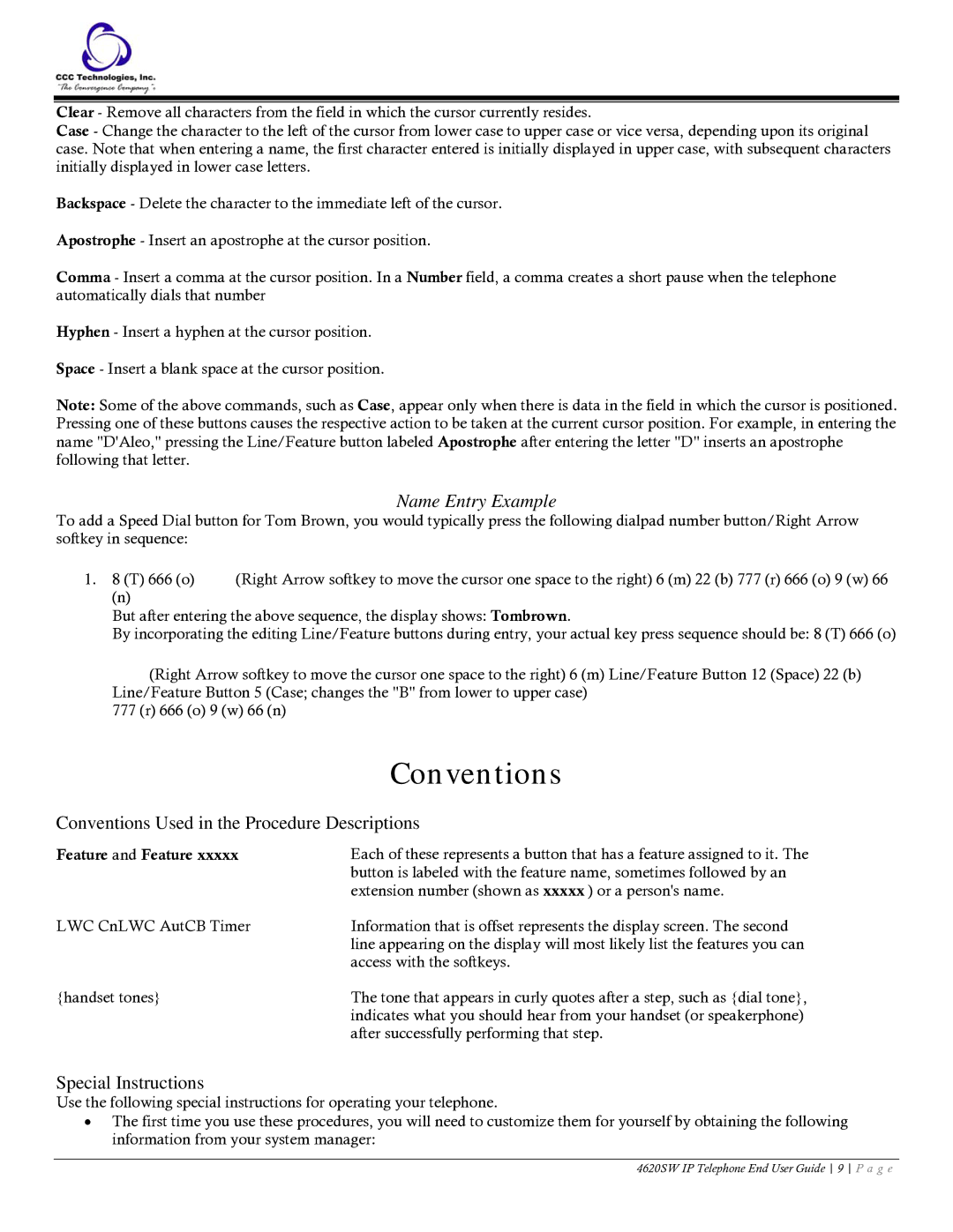 Casio 4620SW manual Conventions, Name Entry Example, Feature and Feature 