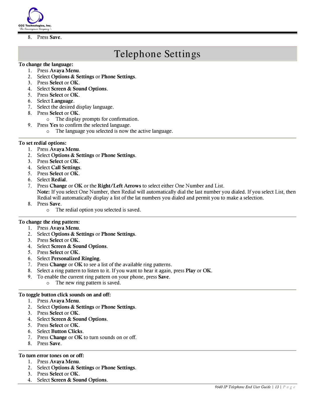 Casio 9640 manual Telephone Settings, Select Screen & Sound Options, Select Call Settings, Select Personalized Ringing 