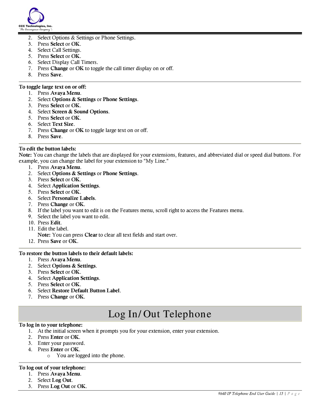 Casio 9640 manual Log In/Out Telephone 