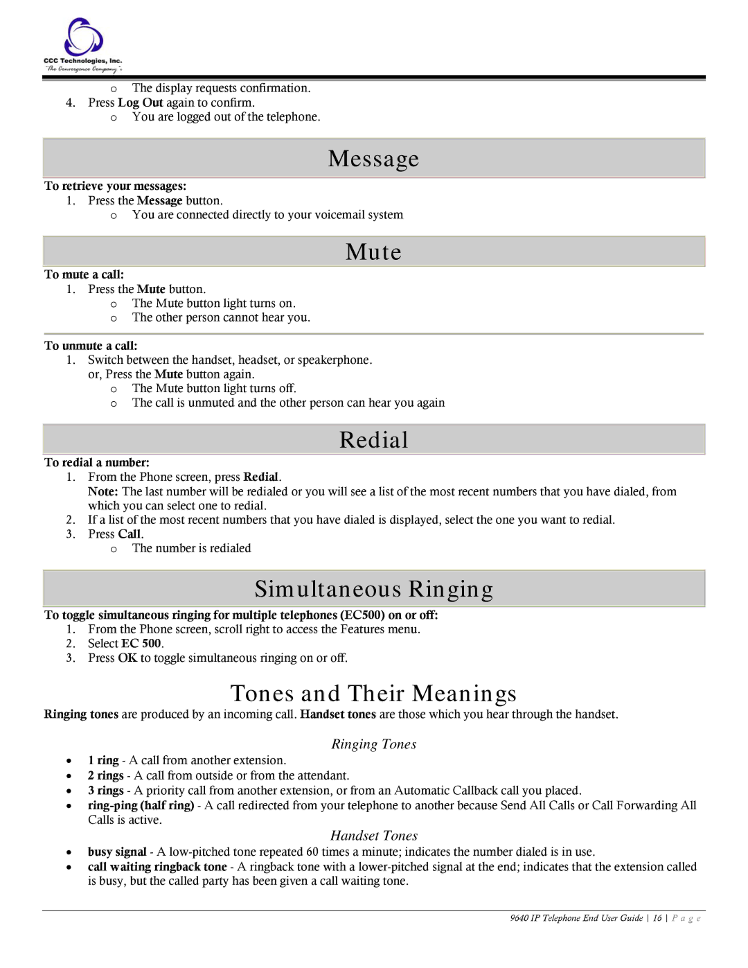 Casio 9640 manual Message, Mute, Redial, Simultaneous Ringing, Tones and Their Meanings 