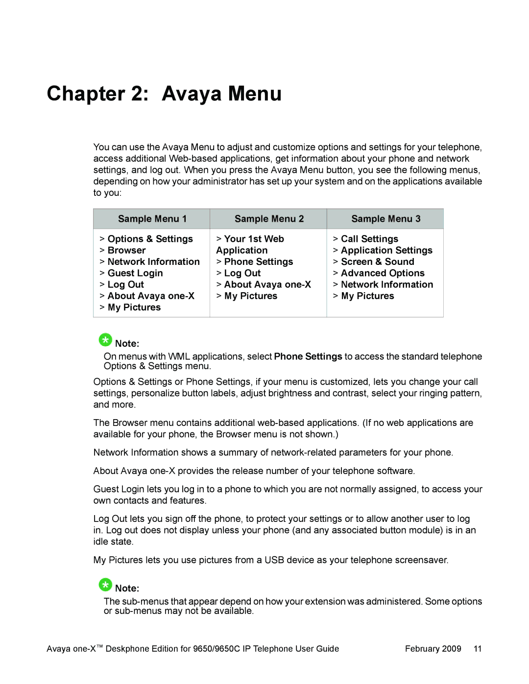 Casio 9650 manual Avaya Menu 