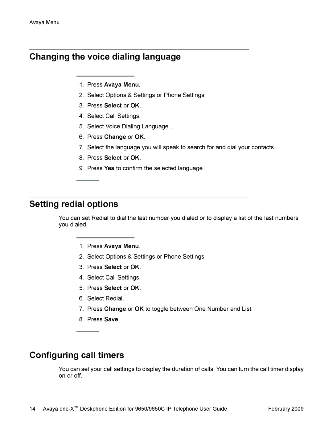 Casio 9650 manual Changing the voice dialing language, Setting redial options, Configuring call timers 