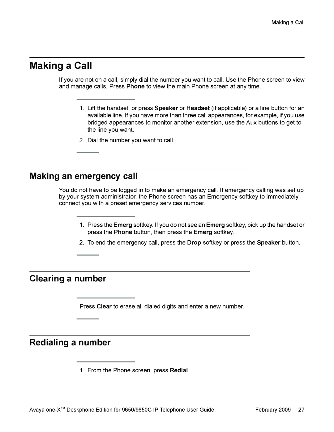 Casio 9650 manual Making a Call, Making an emergency call, Clearing a number, Redialing a number 