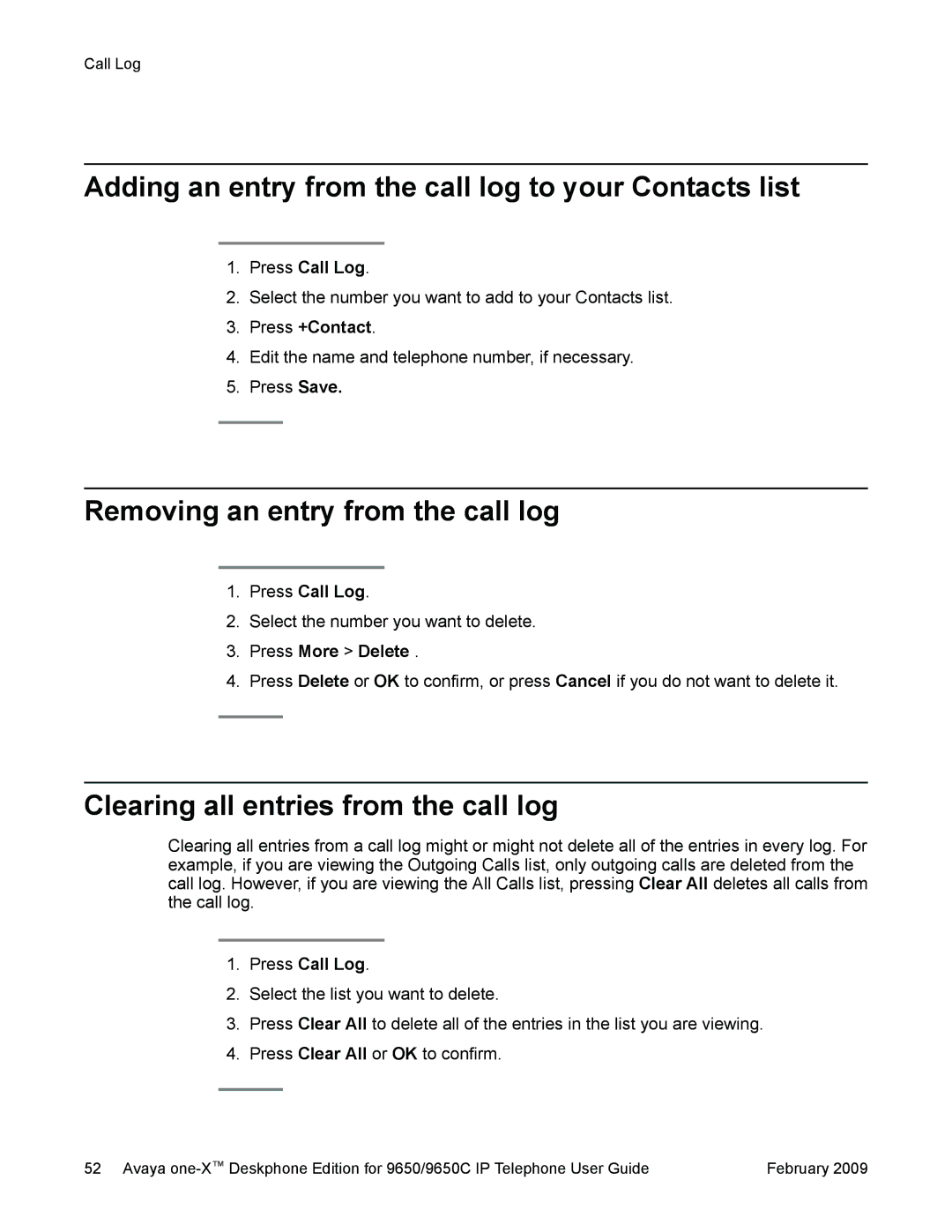 Casio 9650 Adding an entry from the call log to your Contacts list, Removing an entry from the call log, Press +Contact 