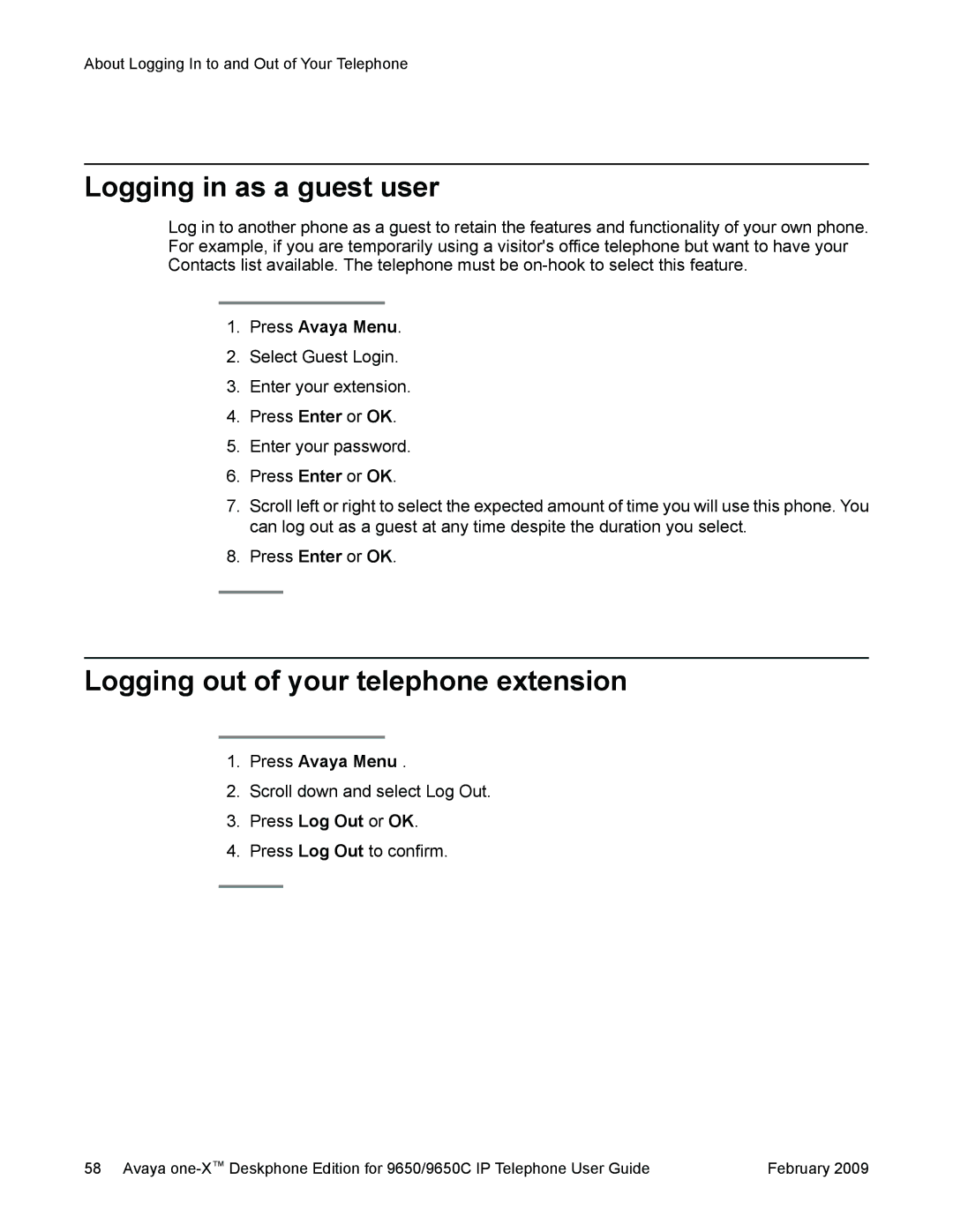 Casio 9650 manual Logging in as a guest user, Logging out of your telephone extension 