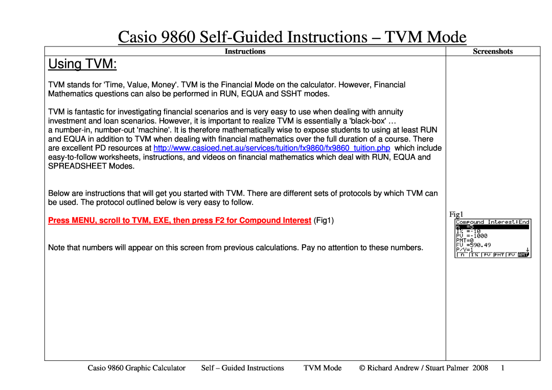 Casio manual Using TVM, Casio 9860 Self-Guided Instructions - TVM Mode 