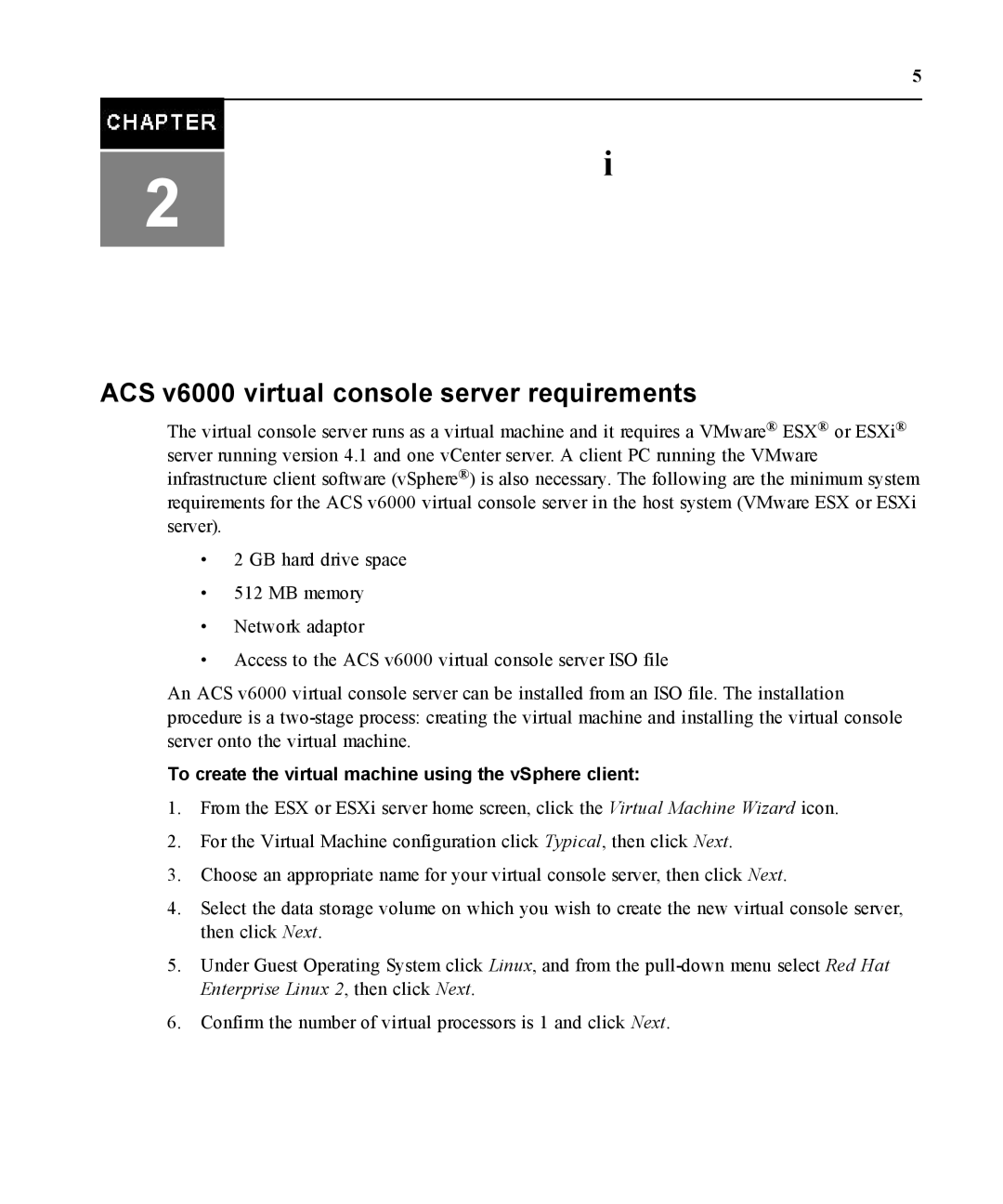 Casio ACS V6000 ACS v6000 virtual console server requirements, To create the virtual machine using the vSphere client 