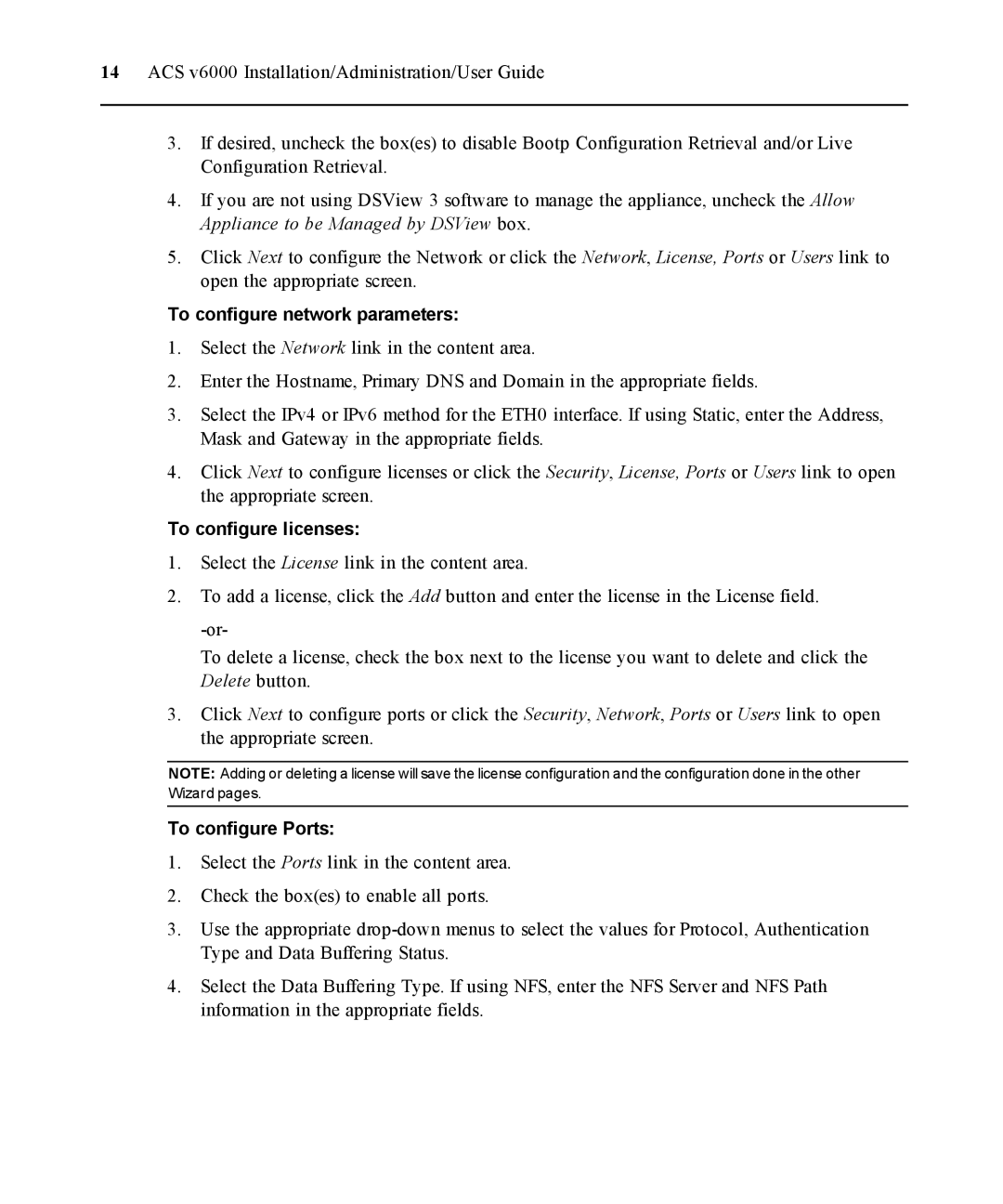 Casio ACS V6000 manual To configure network parameters, To configure licenses, To configure Ports 