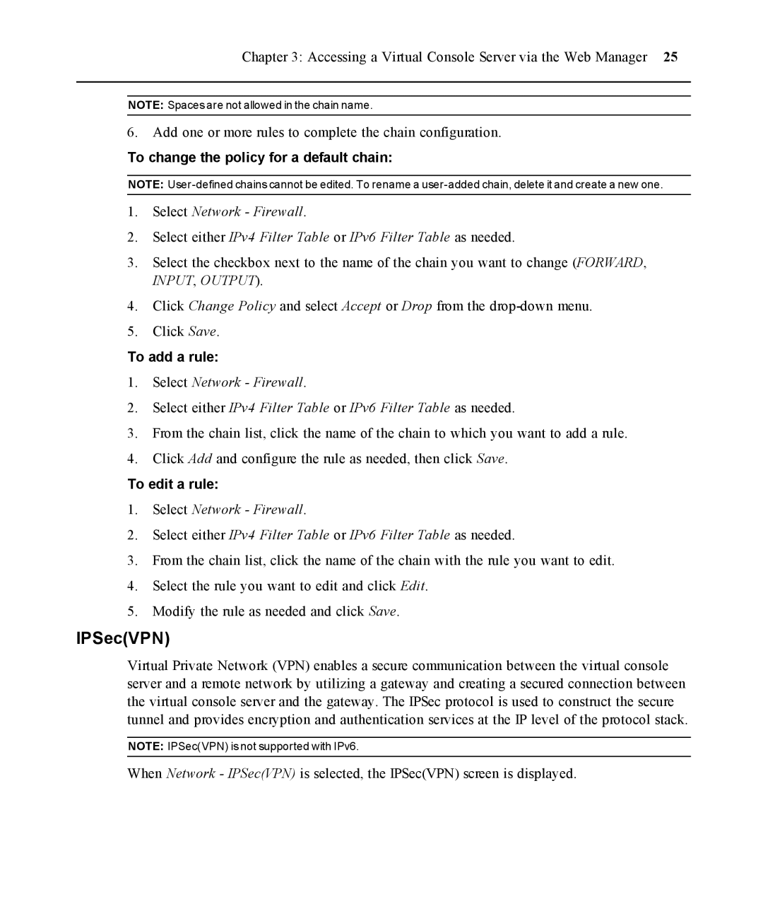 Casio ACS V6000 manual IPSecVPN, To change the policy for a default chain, To add a rule, To edit a rule 