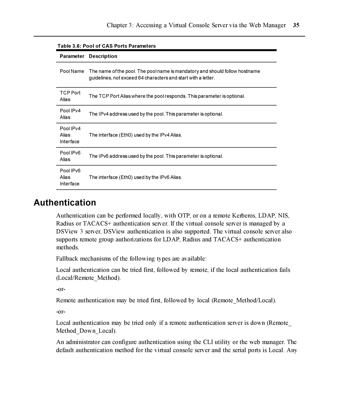 Casio ACS V6000 manual Authentication, Pool of CAS Ports Parameters Parameter Description 