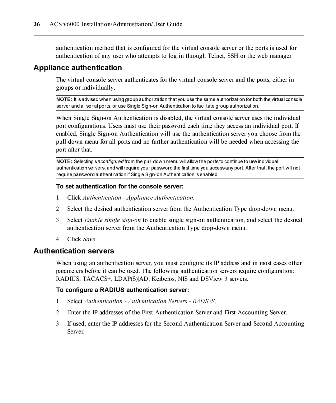 Casio ACS V6000 manual Appliance authentication, Authentication servers, To set authentication for the console server 