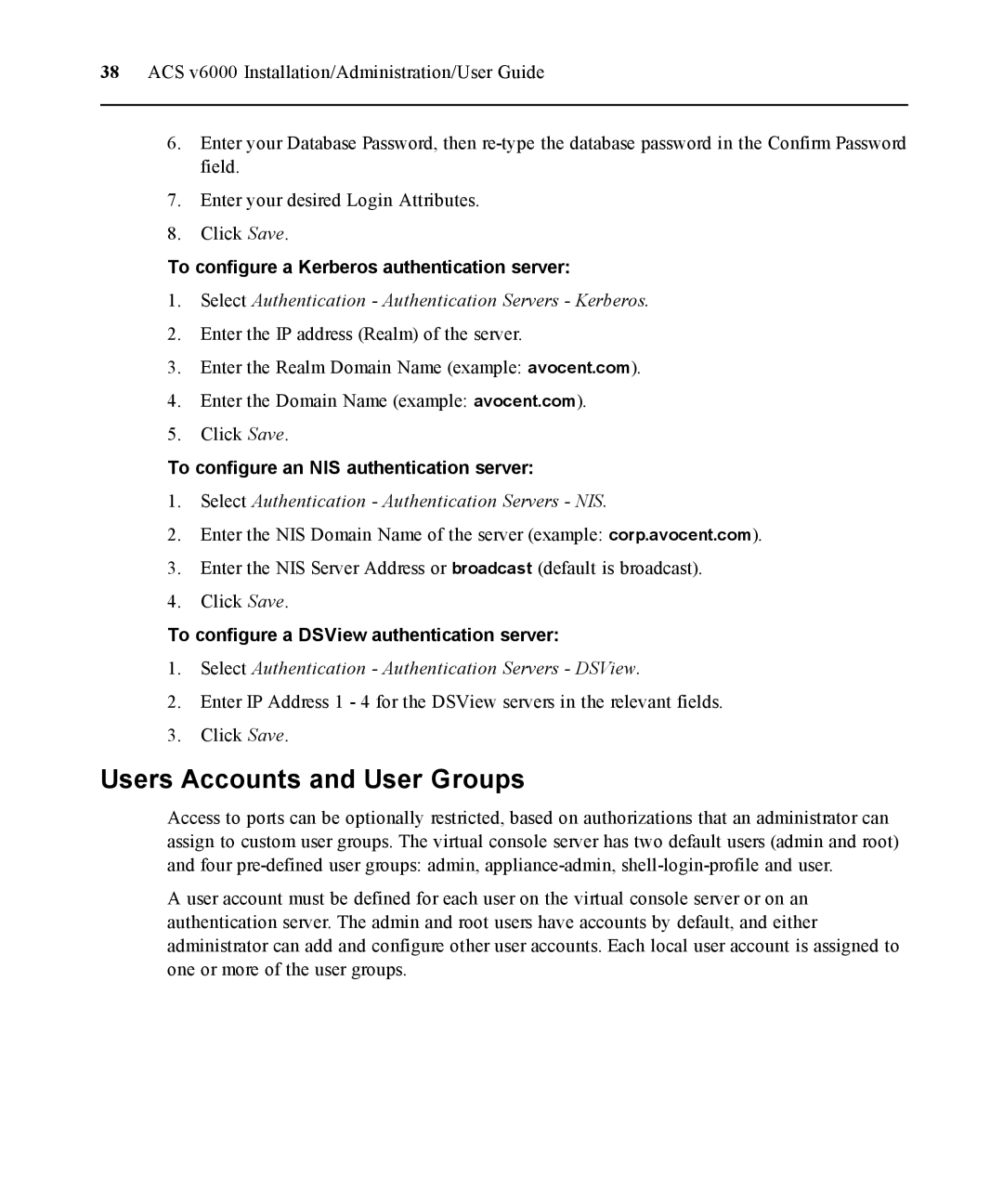 Casio ACS V6000 manual Users Accounts and User Groups, To configure a Kerberos authentication server 