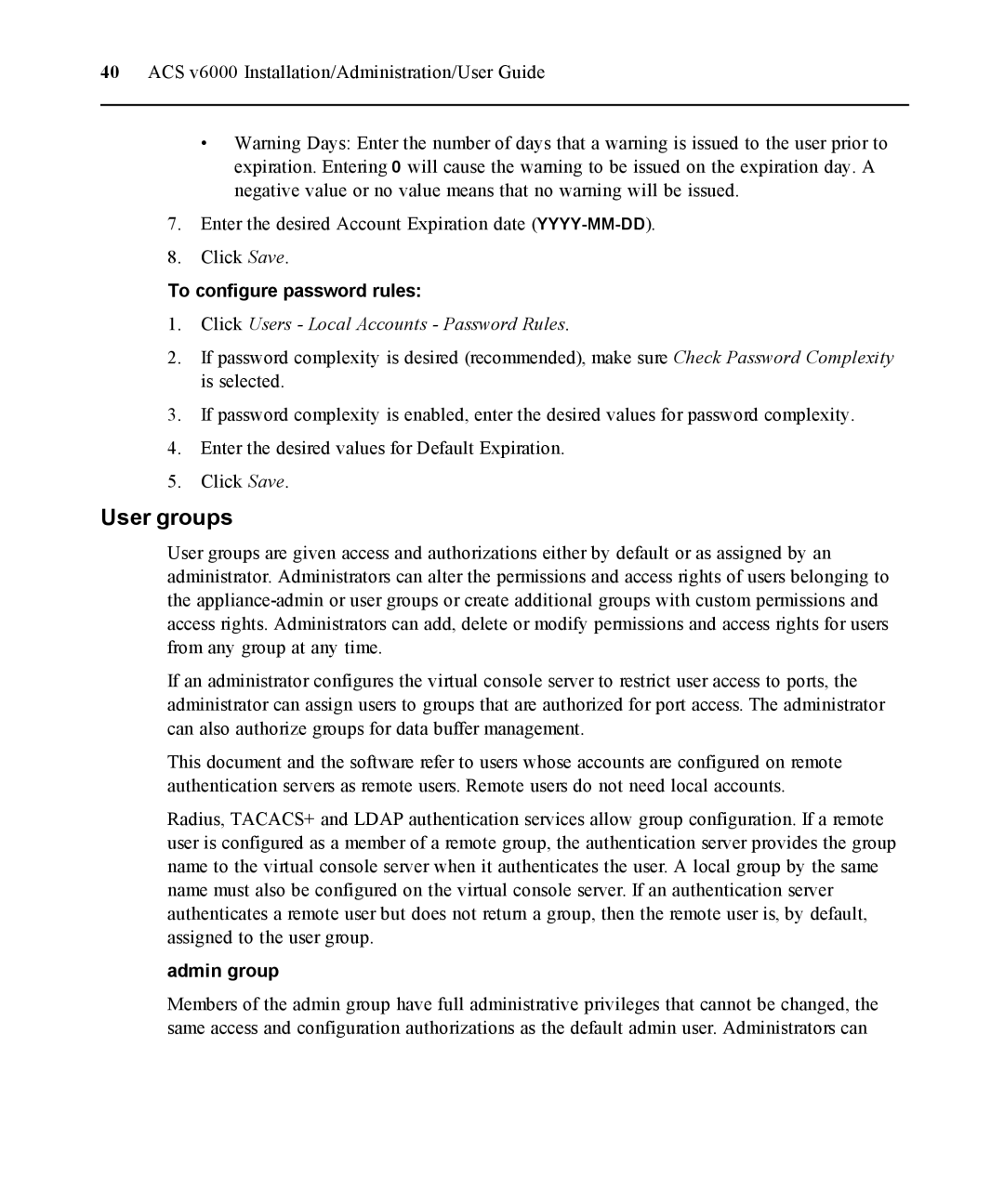 Casio ACS V6000 manual User groups, To configure password rules, Click Users Local Accounts Password Rules, Admin group 