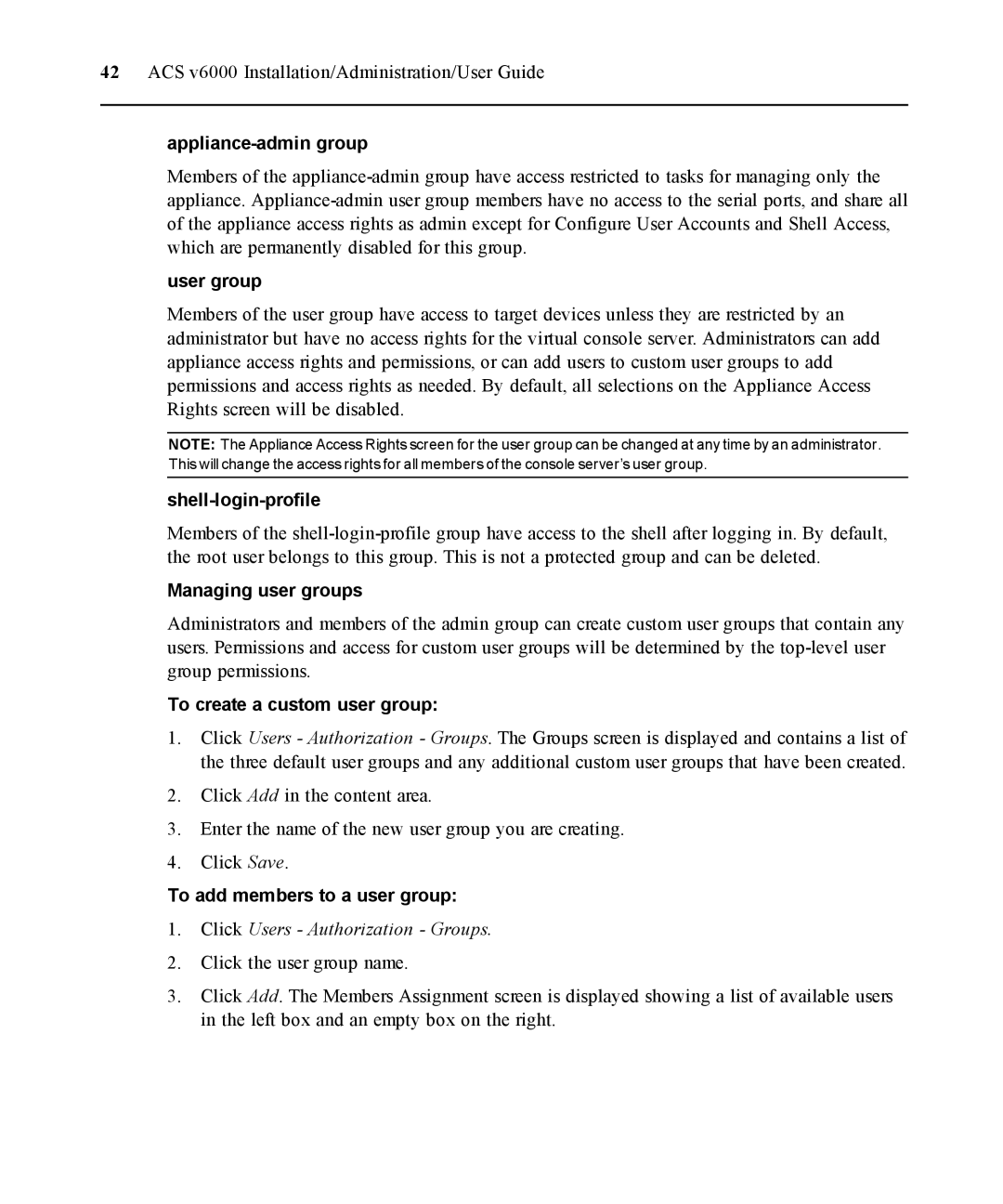 Casio ACS V6000 manual Appliance-admin group, User group, Shell-login-profile, Managing user groups 