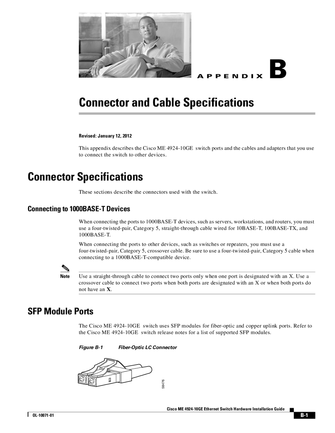 Casio ACSDSBUASYN appendix Connector Specifications, SFP Module Ports, Connecting to 1000BASE-T Devices 