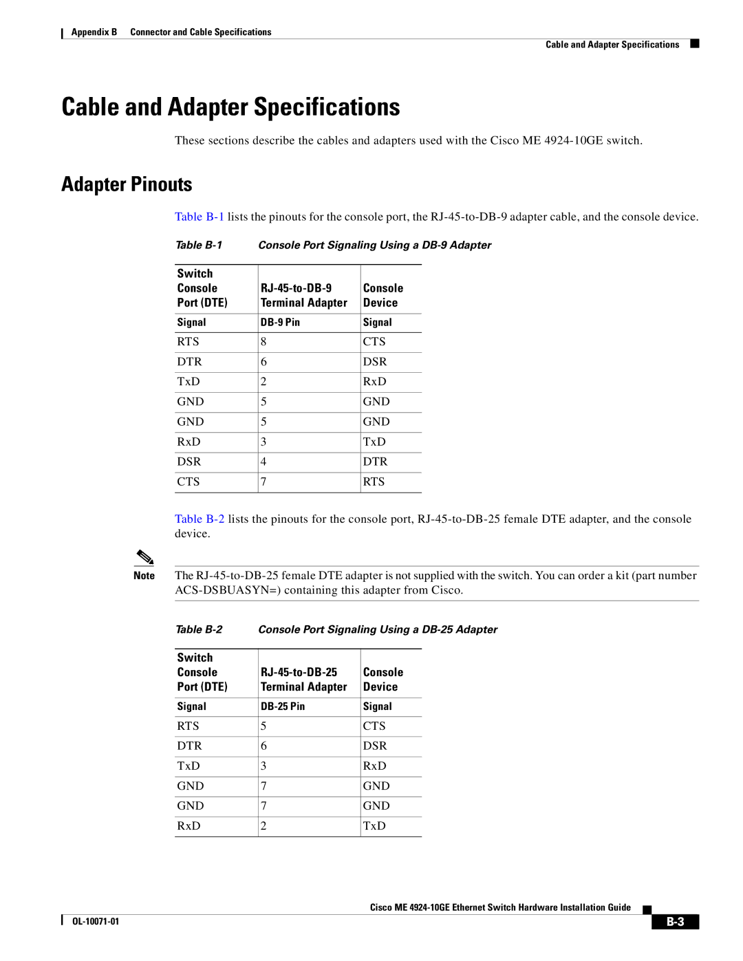 Casio ACSDSBUASYN appendix Cable and Adapter Specifications, Adapter Pinouts, Switch Console RJ-45-to-DB-9 Port DTE, Device 