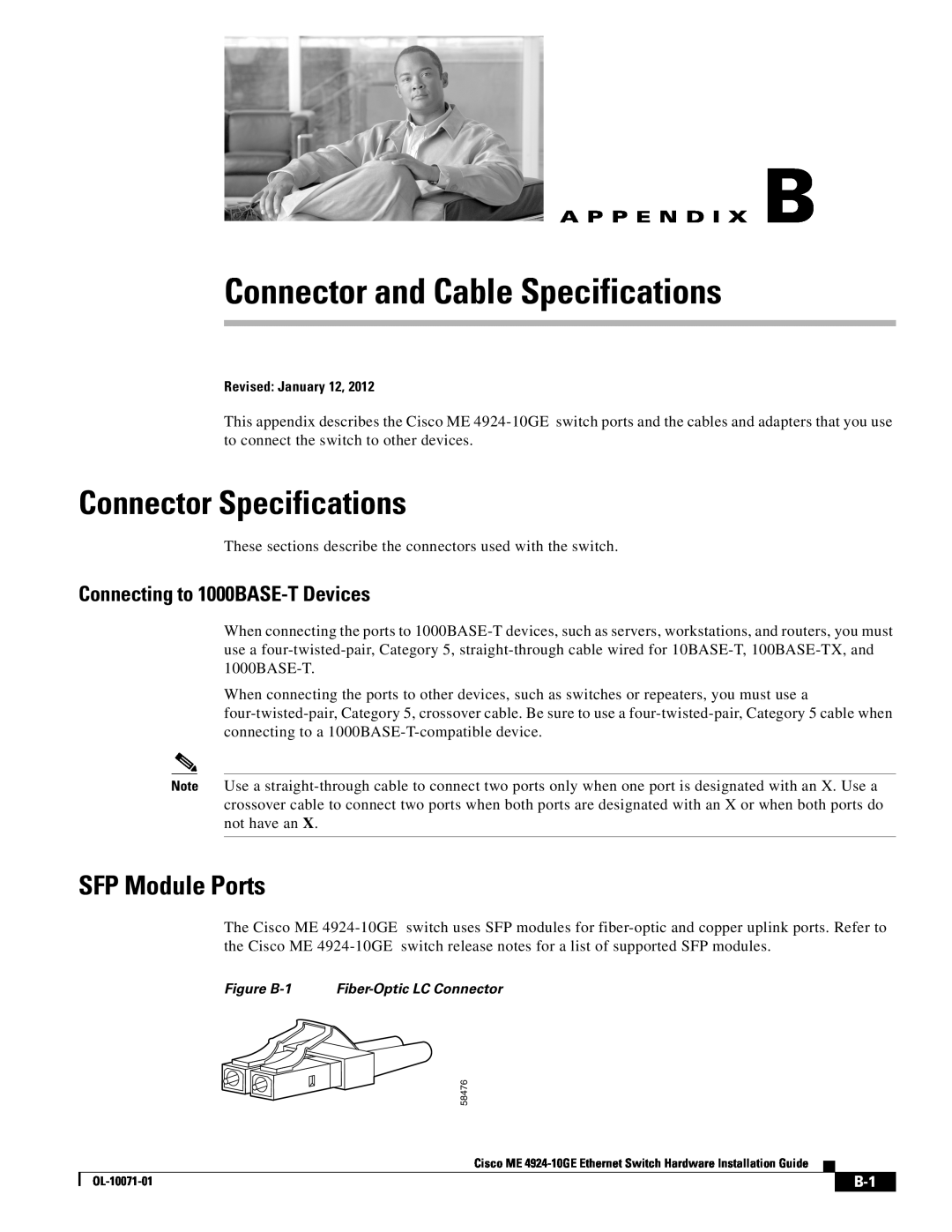 Casio ACSDSBUASYN appendix Connector Specifications, SFP Module Ports, Connecting to 1000BASE-T Devices, A P P E N D I X B 