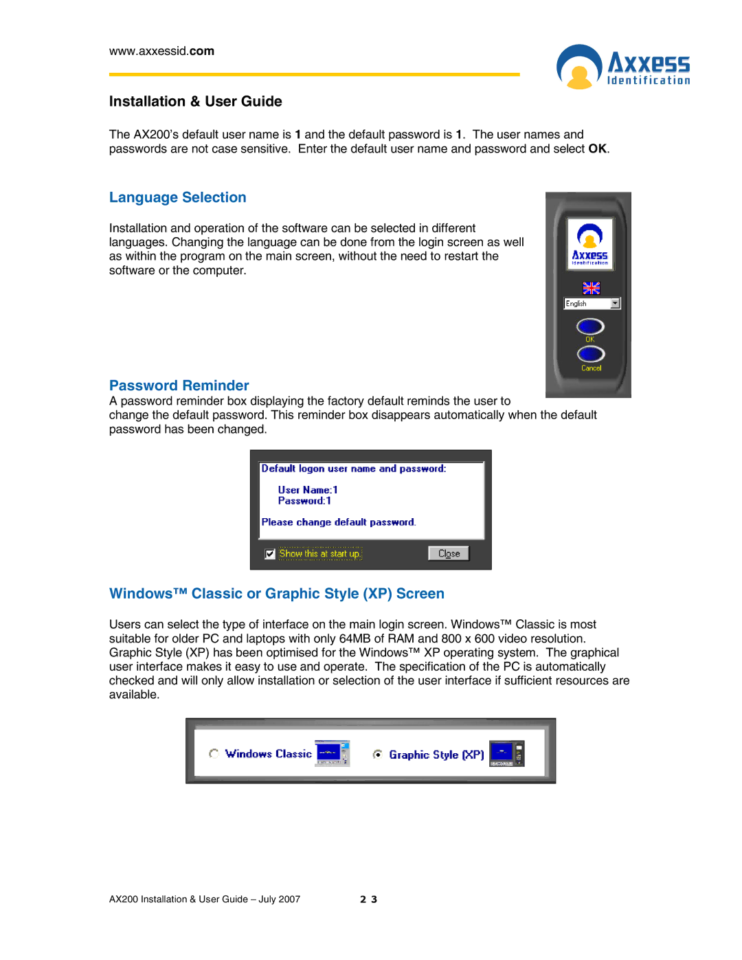 Casio AX200 manual Language Selection, Password Reminder, Windows Classic or Graphic Style XP Screen 