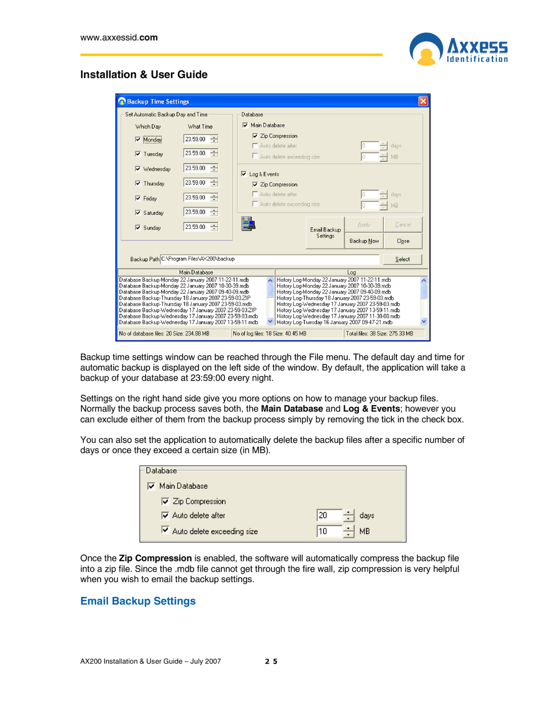 Casio AX200 manual Email Backup Settings 