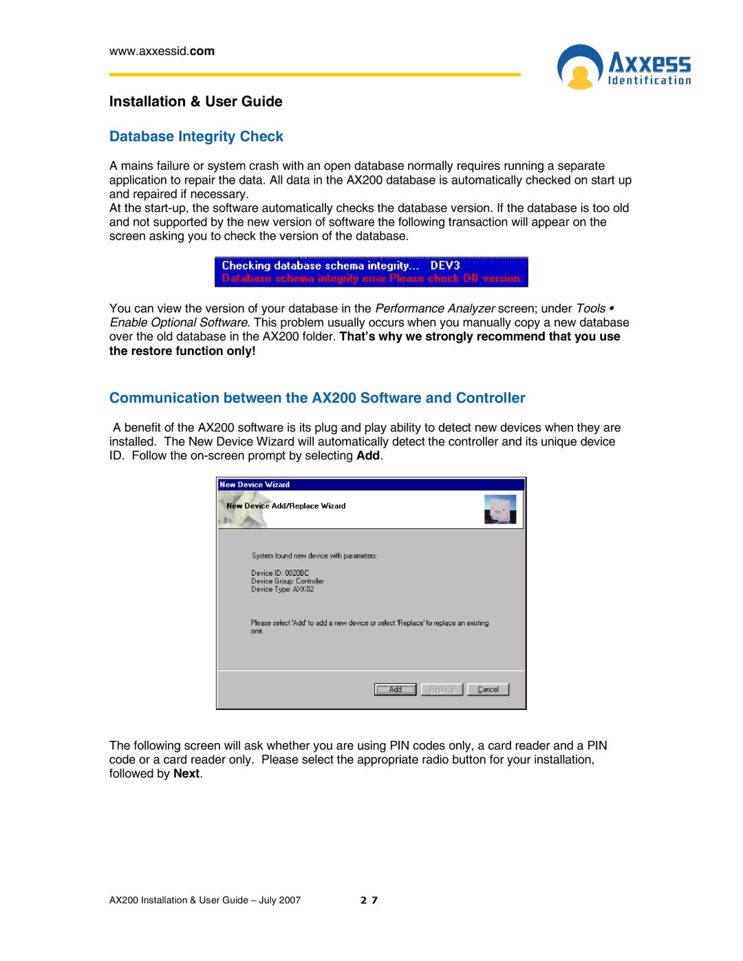 Casio manual Database Integrity Check, Communication between the AX200 Software and Controller 