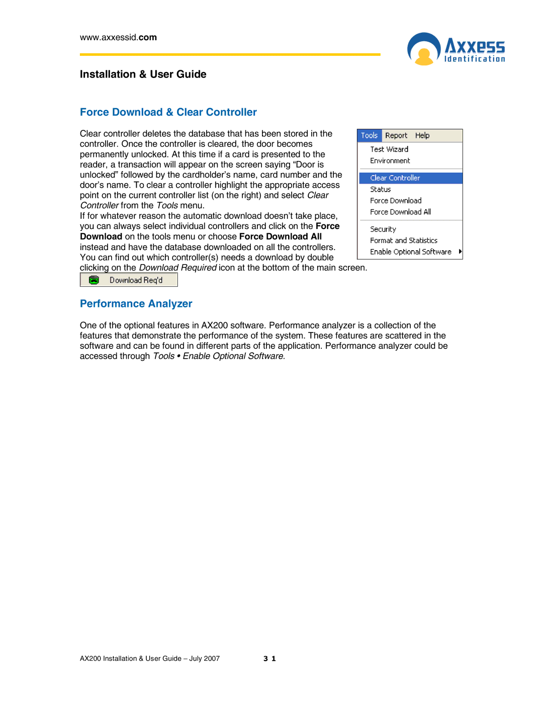 Casio AX200 manual Force Download & Clear Controller, Performance Analyzer 