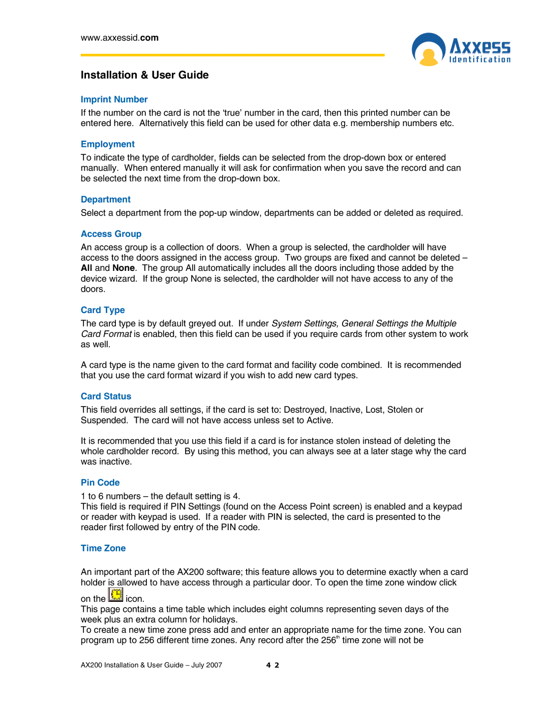 Casio AX200 manual Imprint Number, Employment, Department, Access Group, Card Type, Card Status, Pin Code, Time Zone 