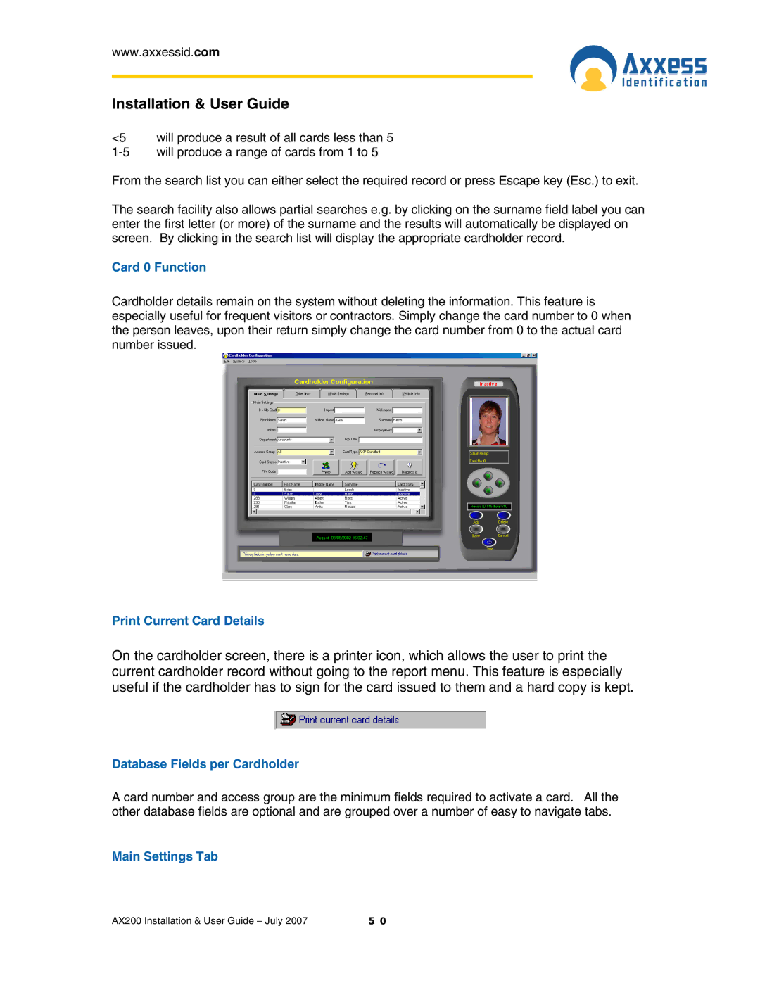 Casio AX200 manual Card 0 Function, Print Current Card Details, Database Fields per Cardholder, Main Settings Tab 