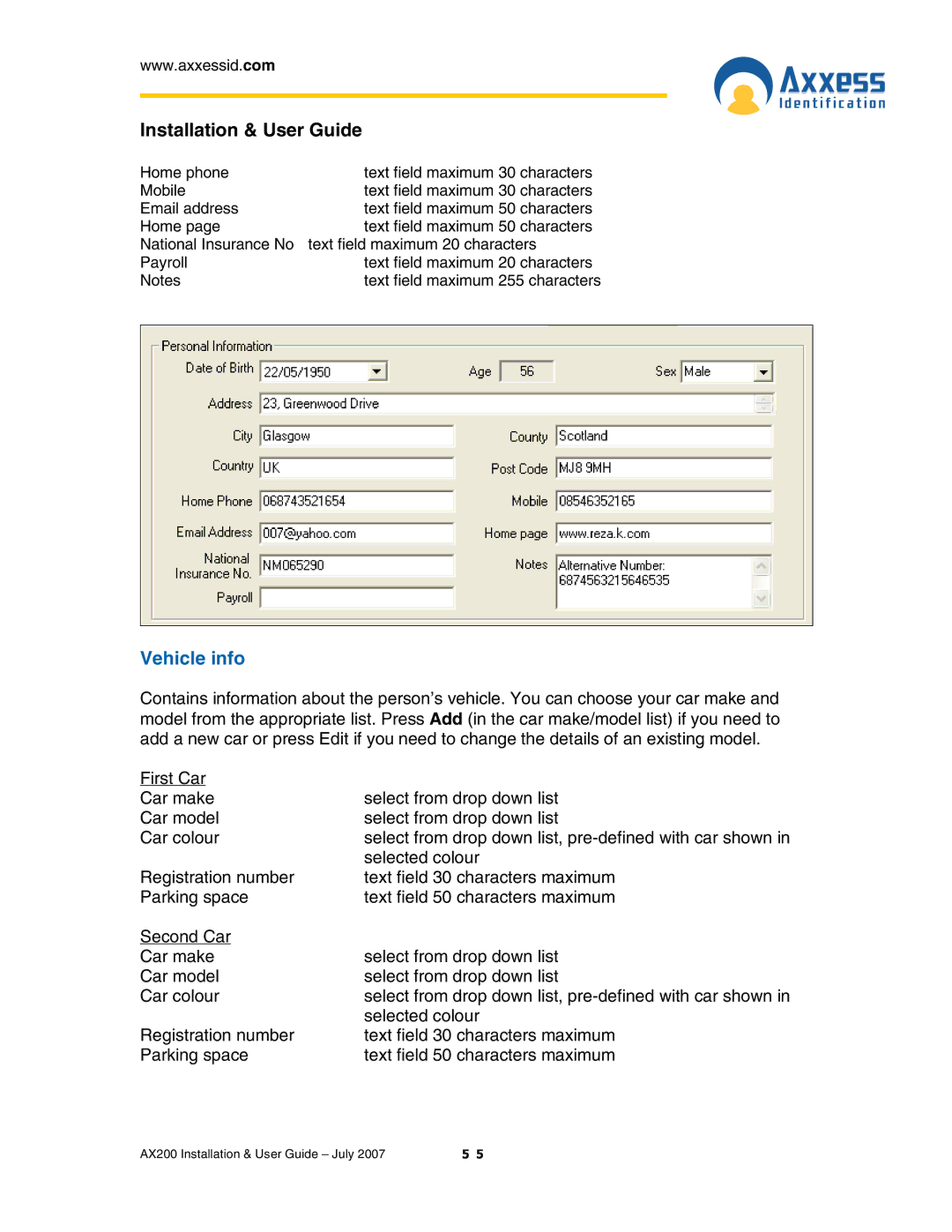 Casio AX200 manual Vehicle info 