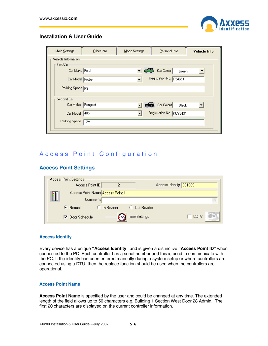 Casio AX200 manual C e s s P o i n t C o n f i g u r a t i o n, Access Point Settings, Access Identity, Access Point Name 