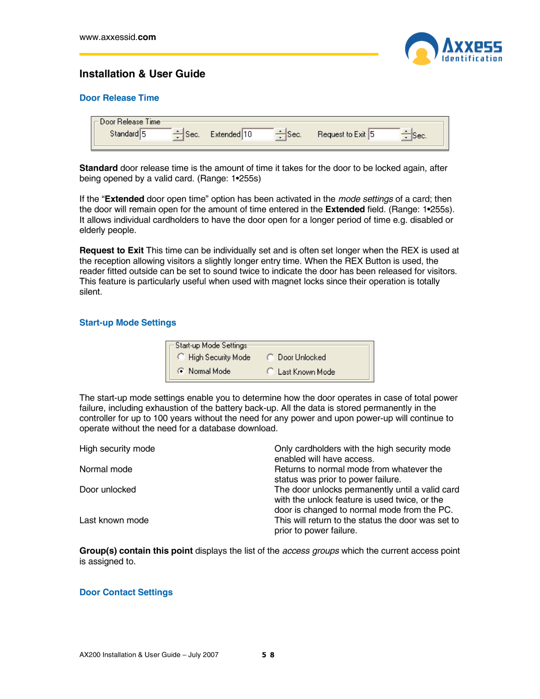 Casio AX200 manual Door Release Time, Start-up Mode Settings, Door Contact Settings 