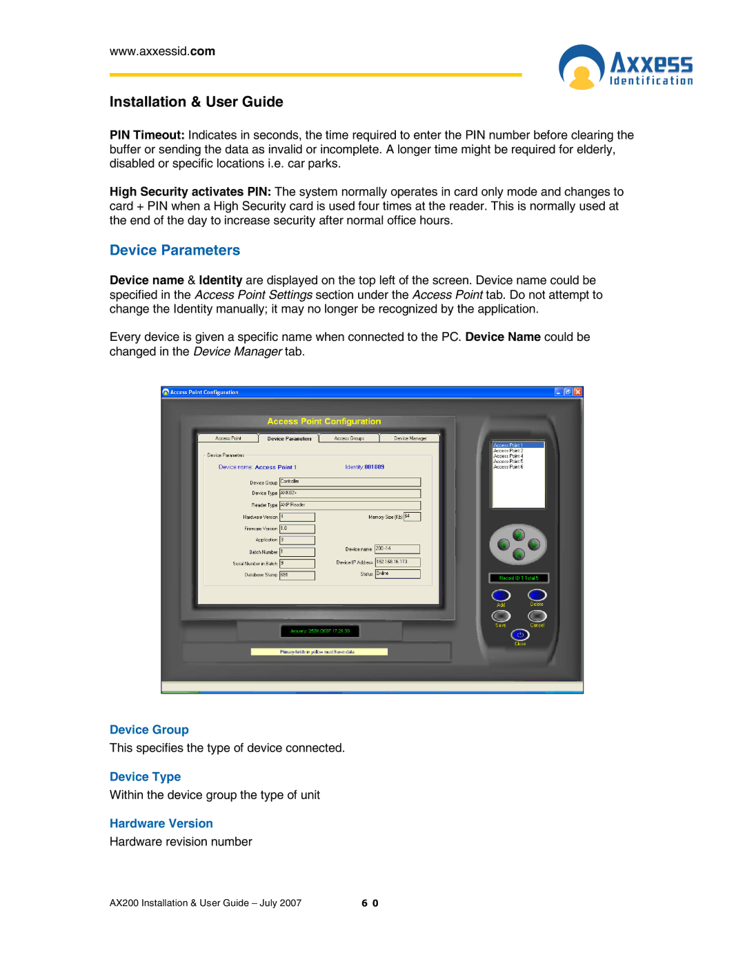 Casio AX200 manual Device Parameters, Device Group, Device Type, Hardware Version 