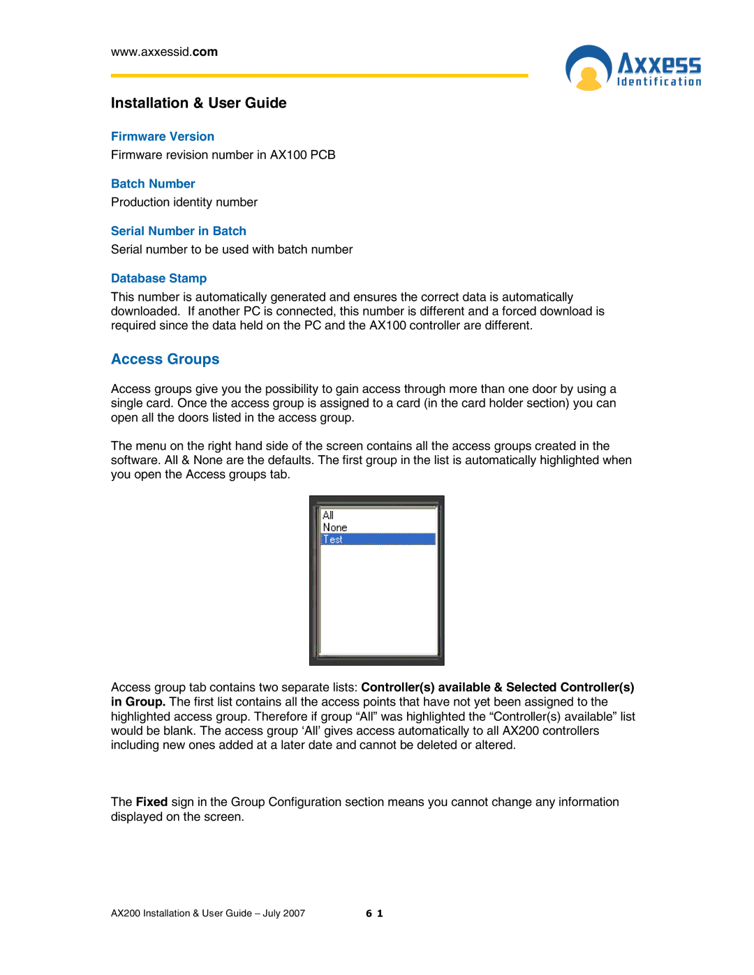 Casio AX200 manual Access Groups, Firmware Version, Batch Number, Serial Number in Batch, Database Stamp 