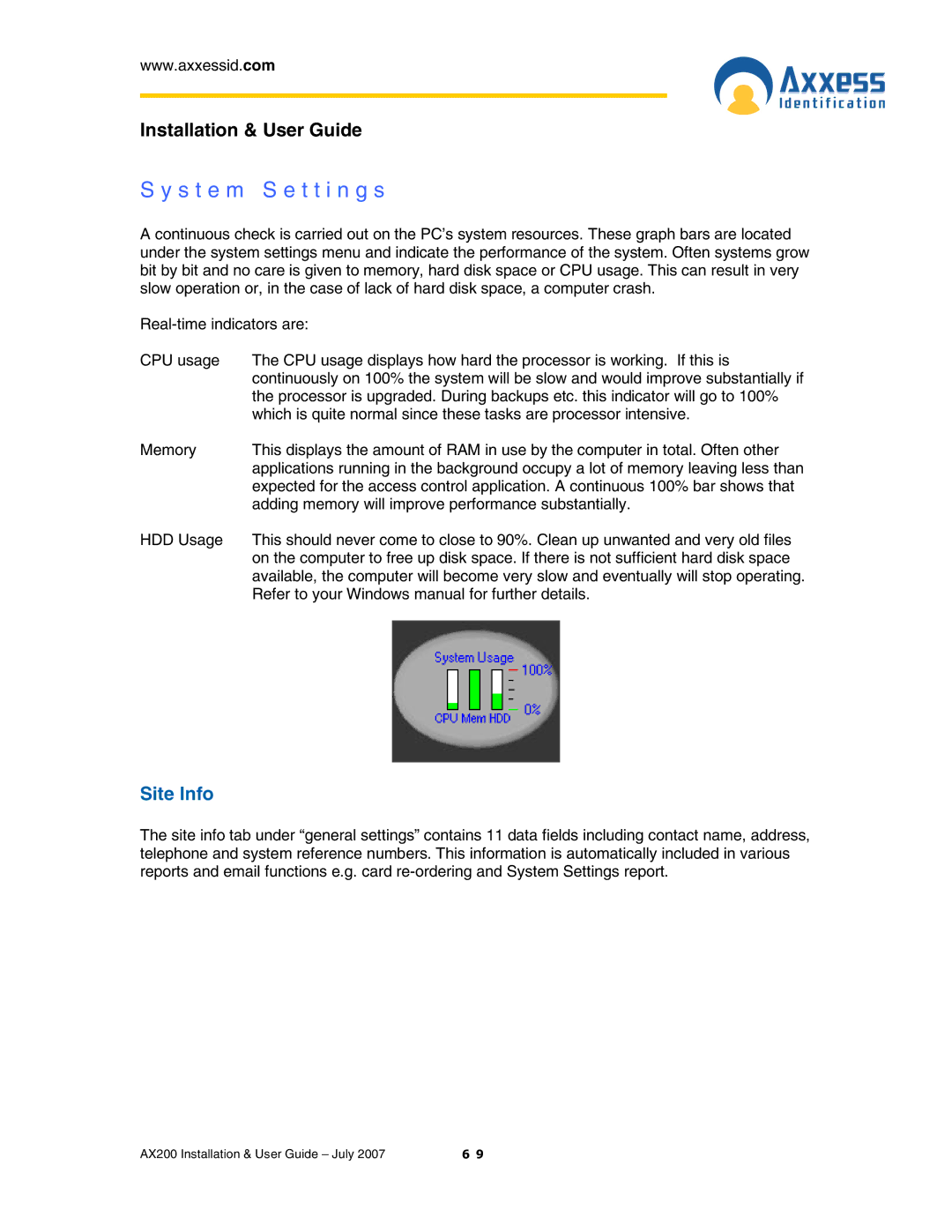 Casio AX200 manual S t e m S e t t i n g s, Site Info 