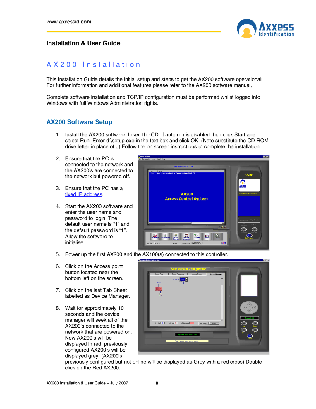 Casio manual 2 0 0 Installation, AX200 Software Setup 