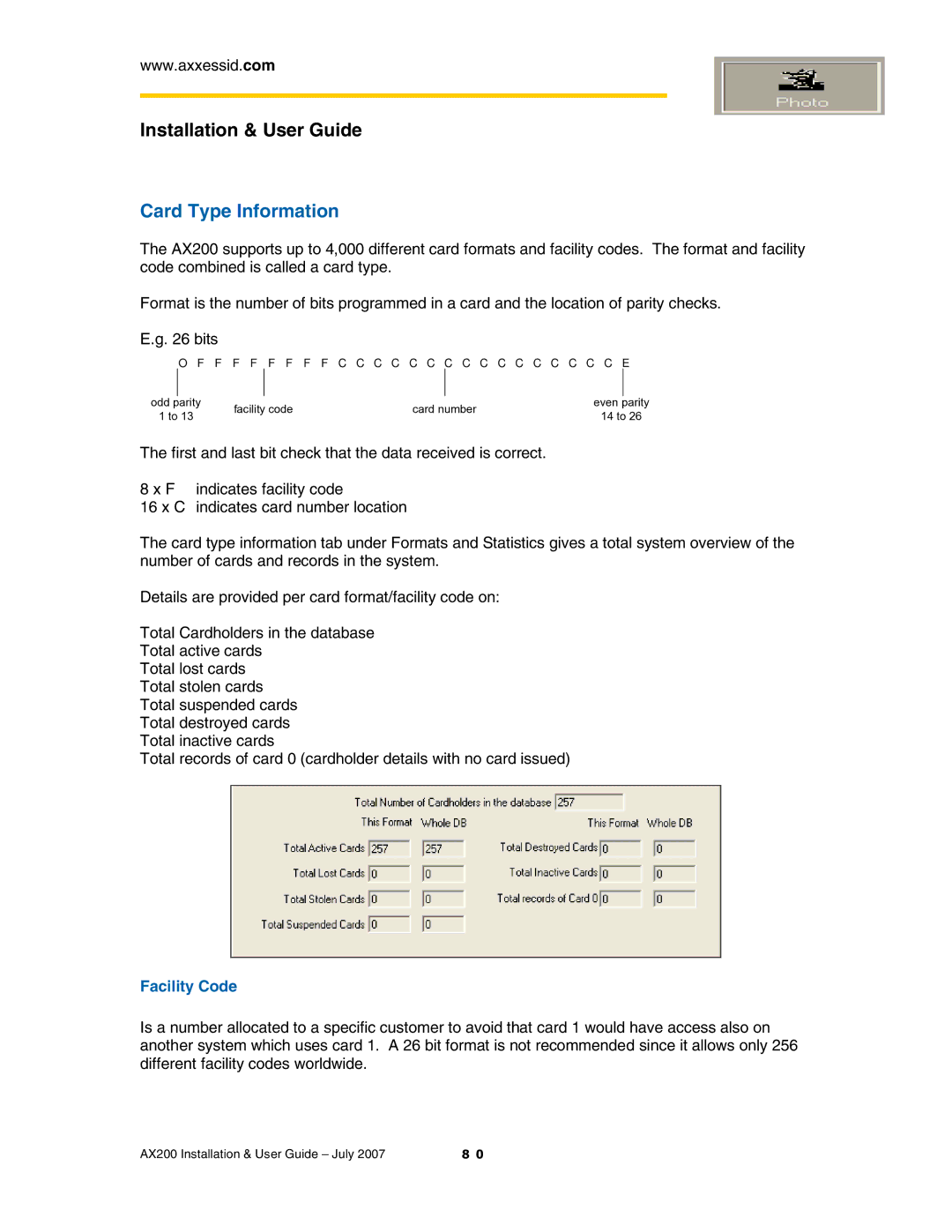 Casio AX200 manual Card Type Information, Facility Code 