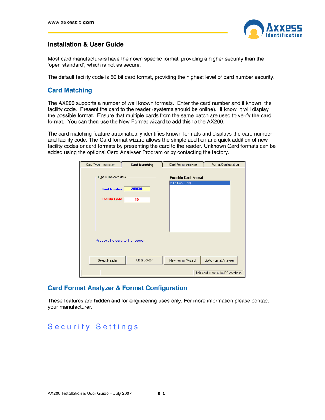 Casio AX200 manual C u r i t y S e t t i n g s, Card Matching, Card Format Analyzer & Format Configuration 