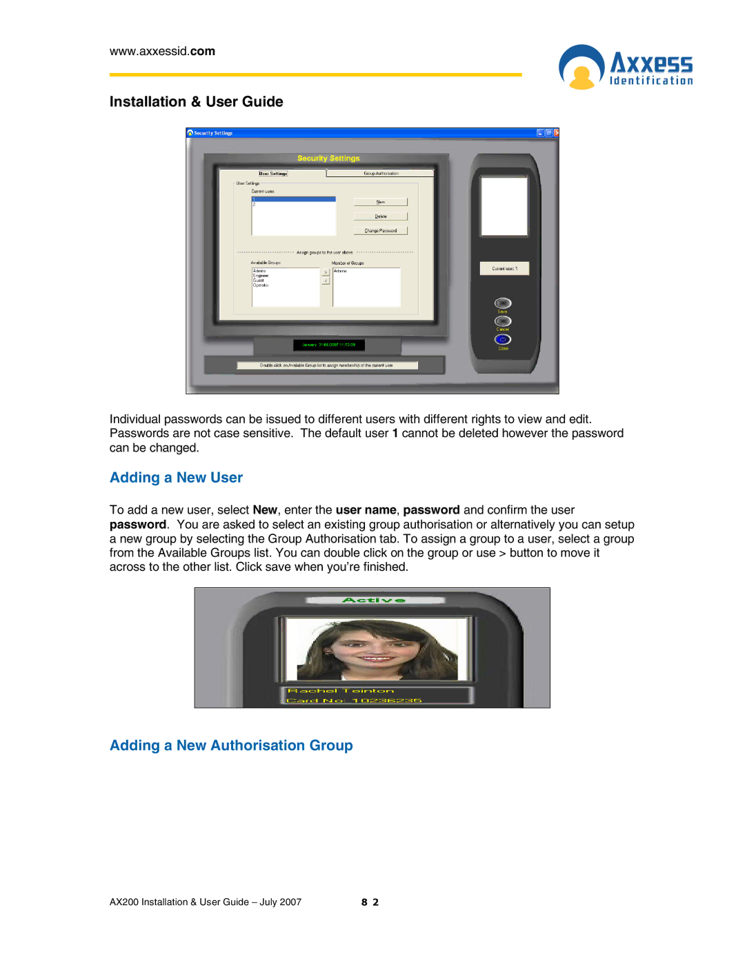 Casio AX200 manual Adding a New User, Adding a New Authorisation Group 