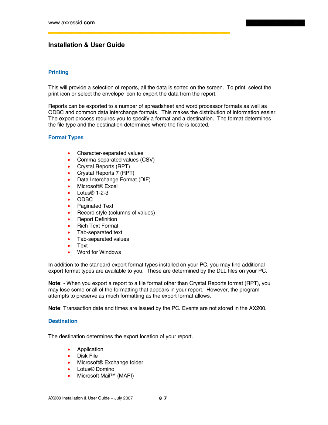 Casio AX200 manual Printing, Format Types, Destination 