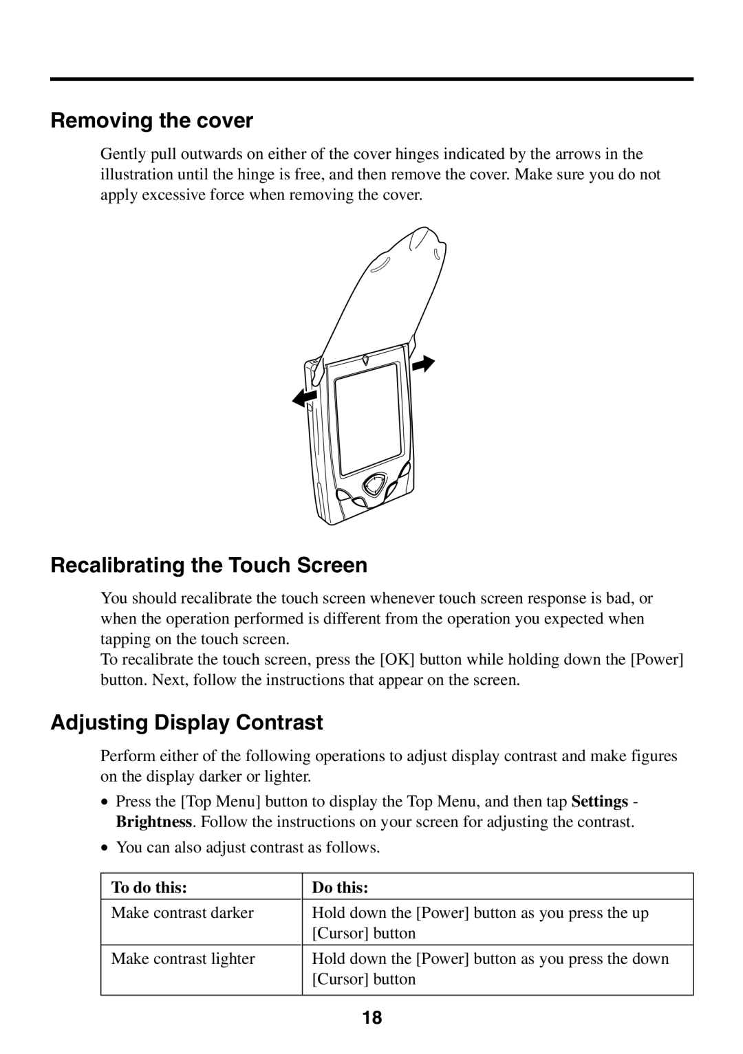 Casio BE-300 manual Removing the cover, Recalibrating the Touch Screen, Adjusting Display Contrast 