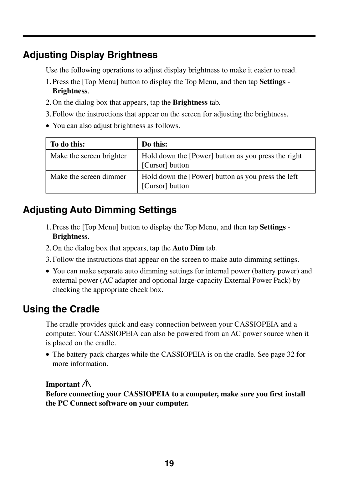 Casio BE-300 manual Adjusting Display Brightness, Adjusting Auto Dimming Settings, Using the Cradle 