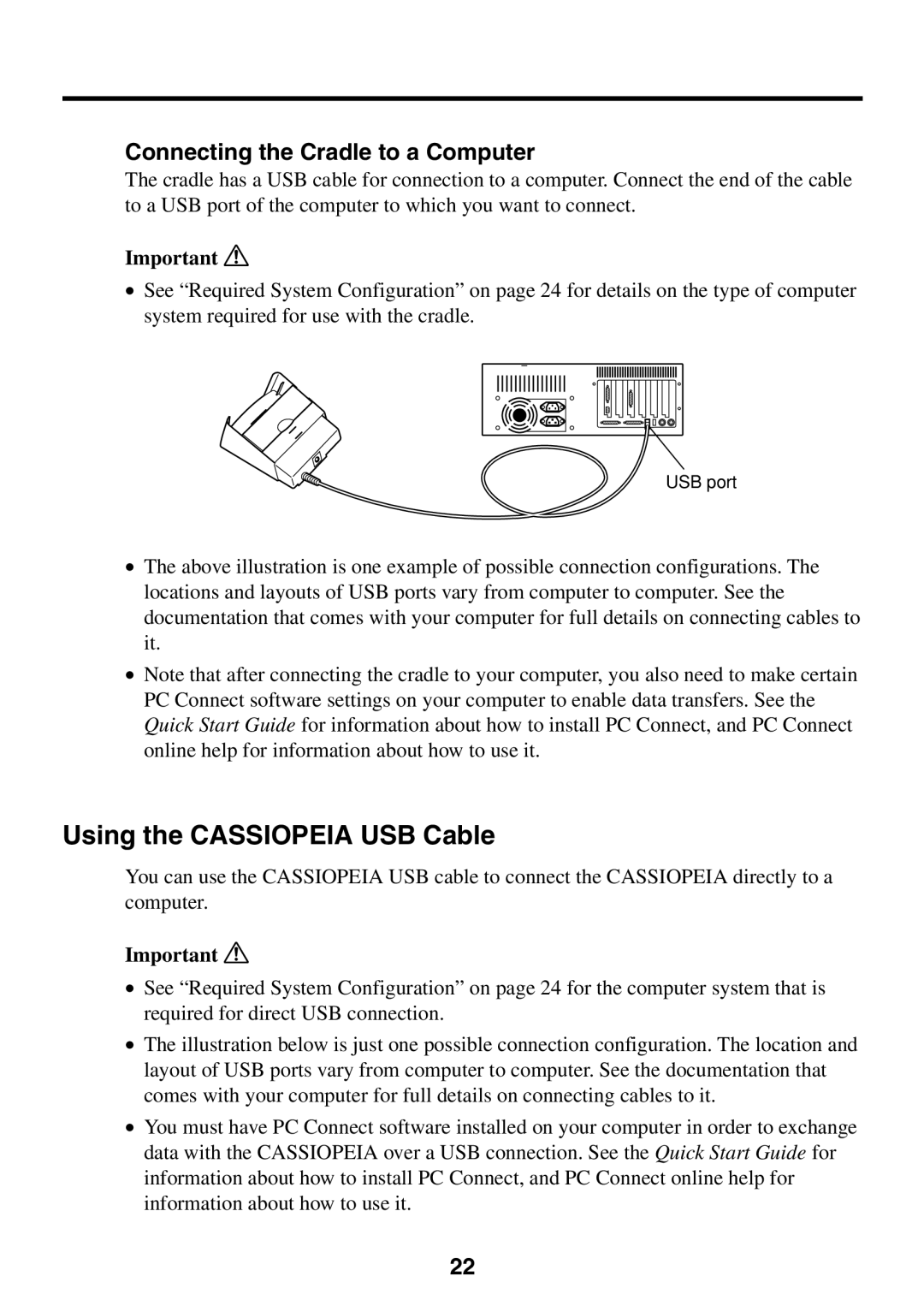 Casio BE-300 manual Using the Cassiopeia USB Cable, Connecting the Cradle to a Computer 