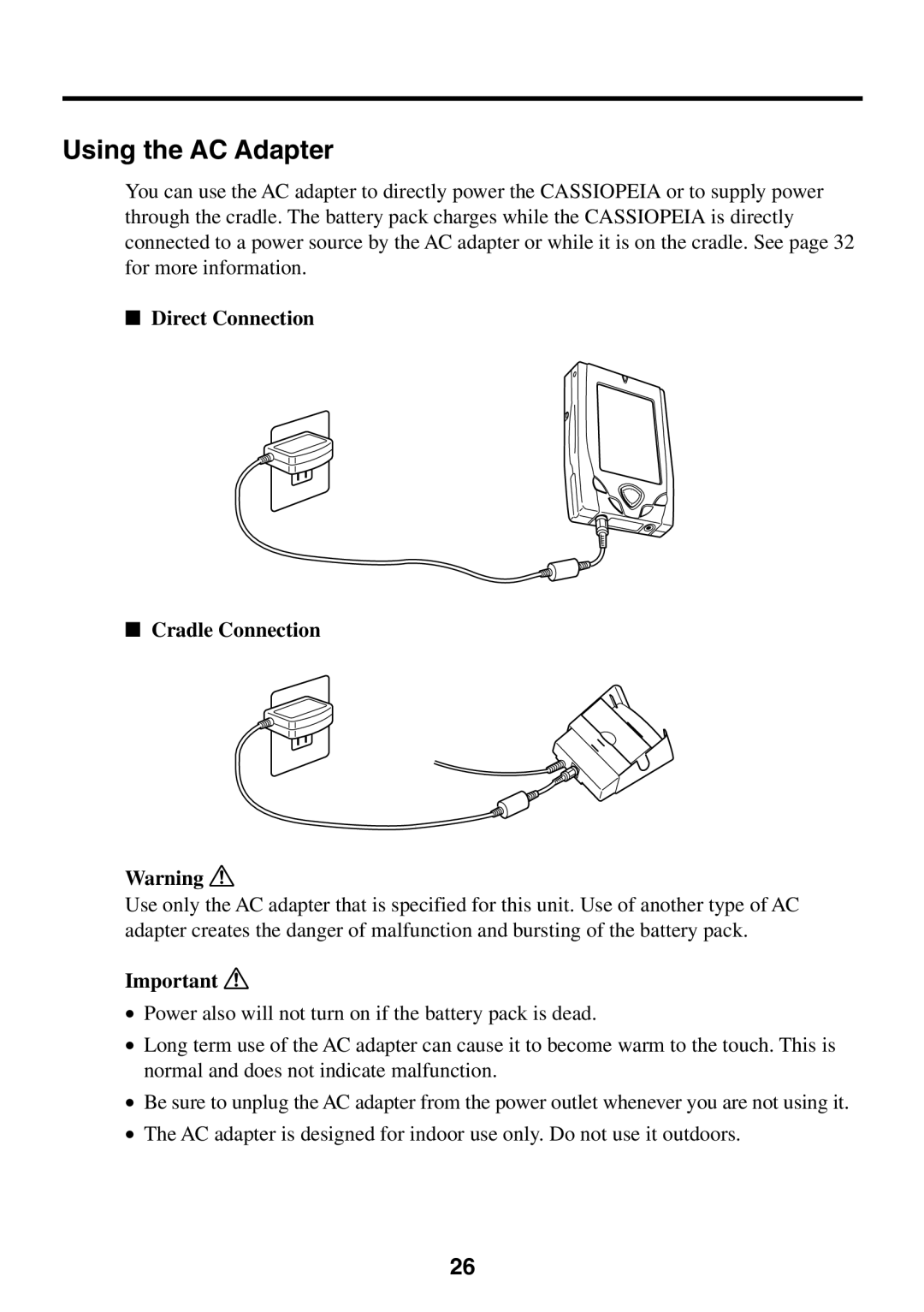 Casio BE-300 manual Using the AC Adapter, Direct Connection Cradle Connection 