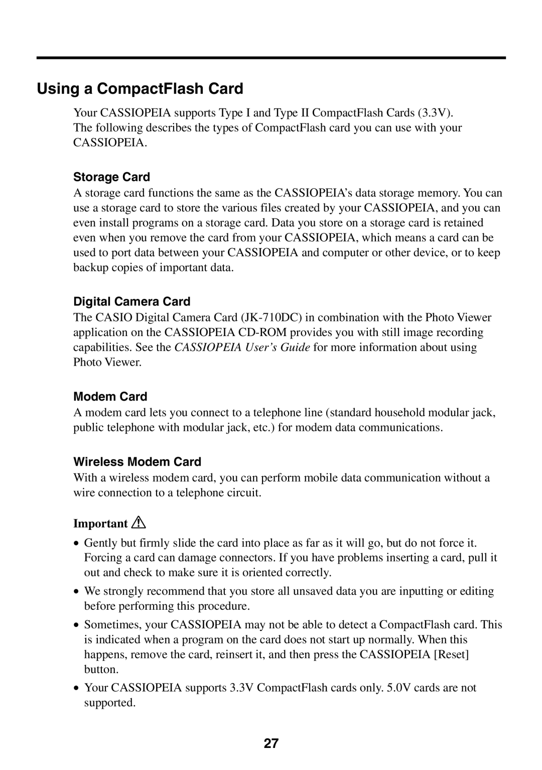 Casio BE-300 manual Using a CompactFlash Card, Storage Card 