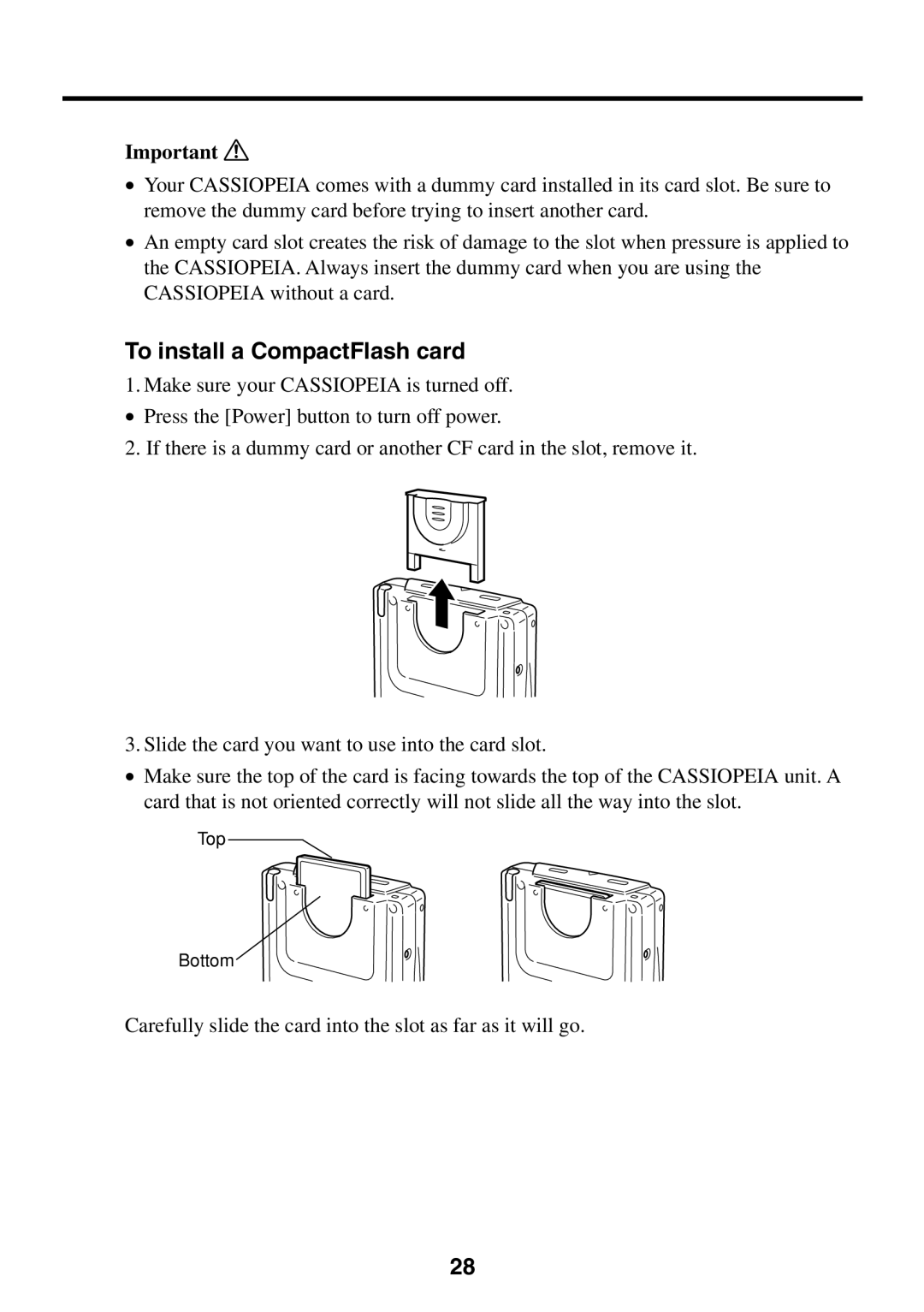 Casio BE-300 manual To install a CompactFlash card 