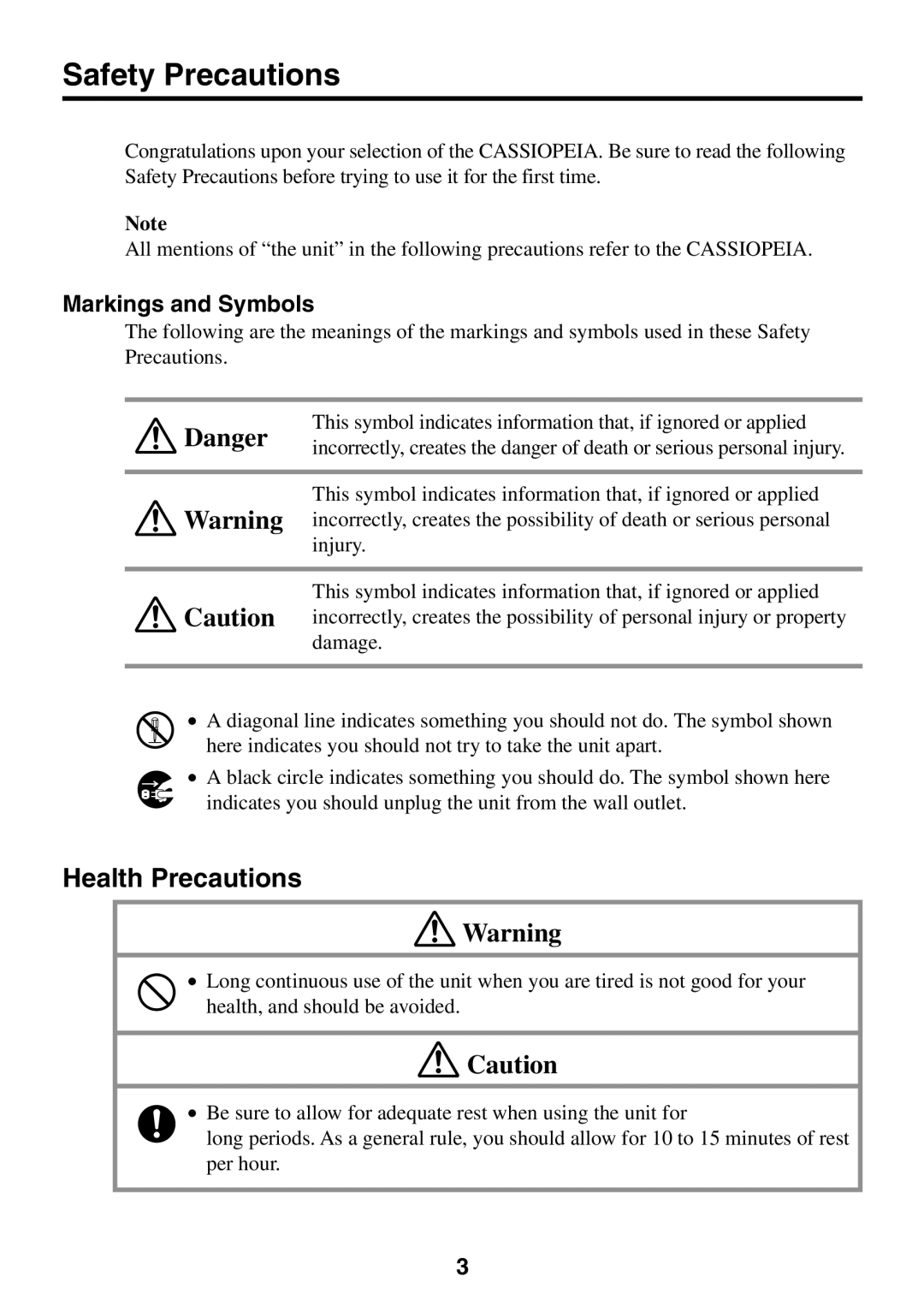 Casio BE-300 manual Safety Precautions, Health Precautions, Markings and Symbols 