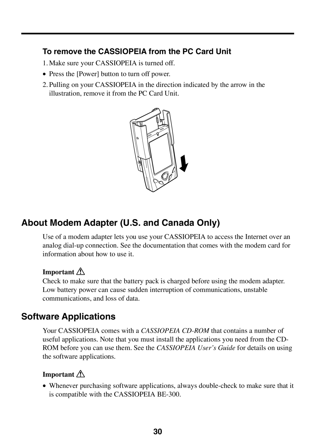 Casio BE-300 manual About Modem Adapter U.S. and Canada Only, Software Applications 