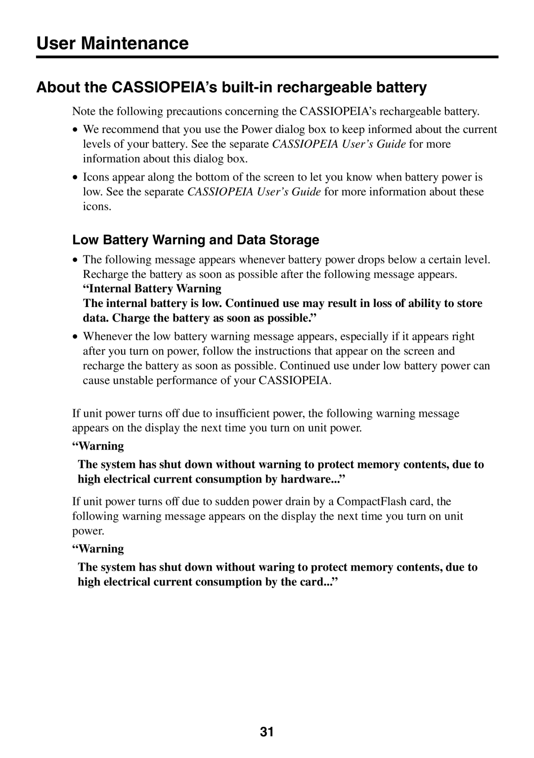 Casio BE-300 User Maintenance, About the CASSIOPEIA’s built-in rechargeable battery, Low Battery Warning and Data Storage 