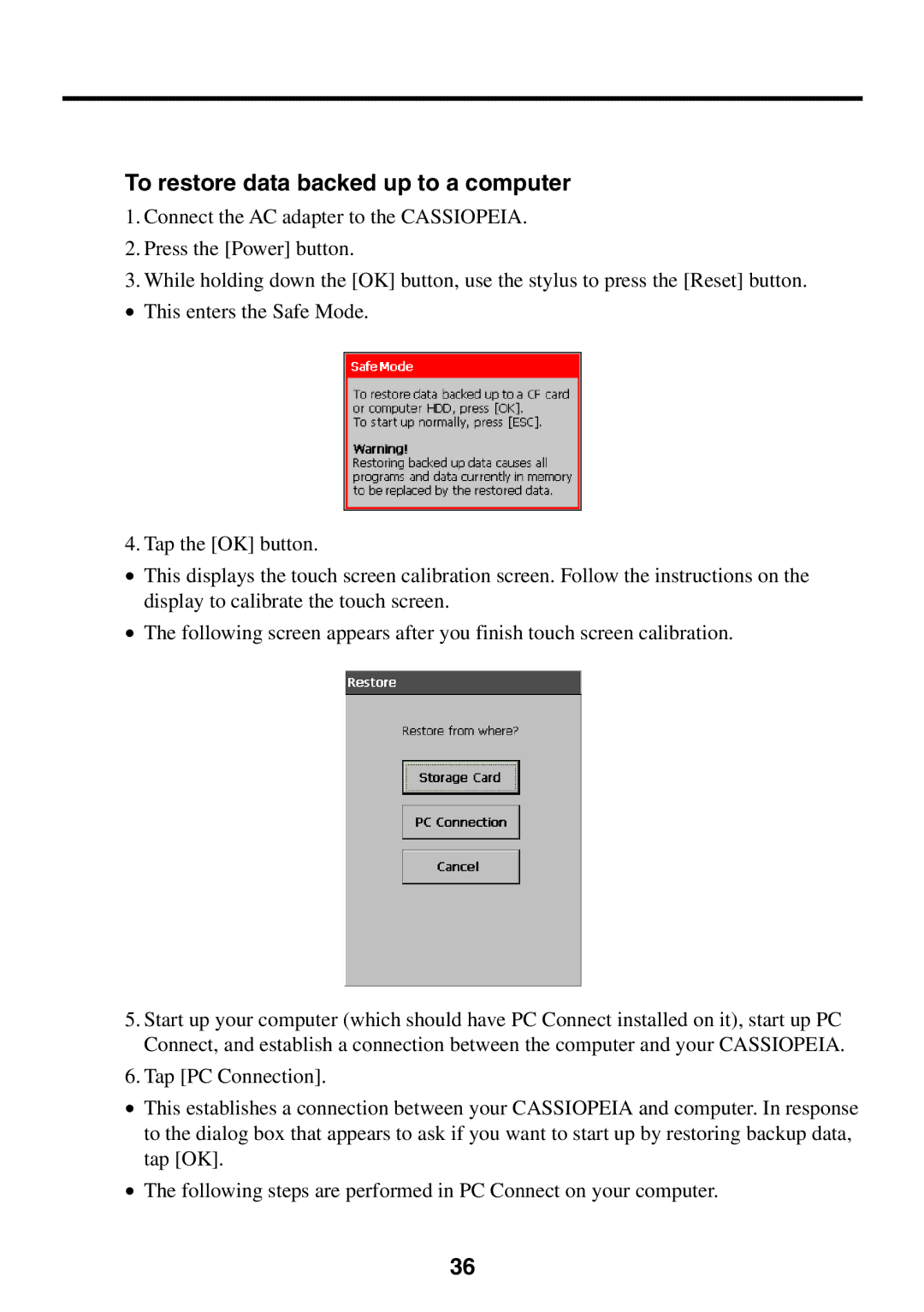 Casio BE-300 manual To restore data backed up to a computer 