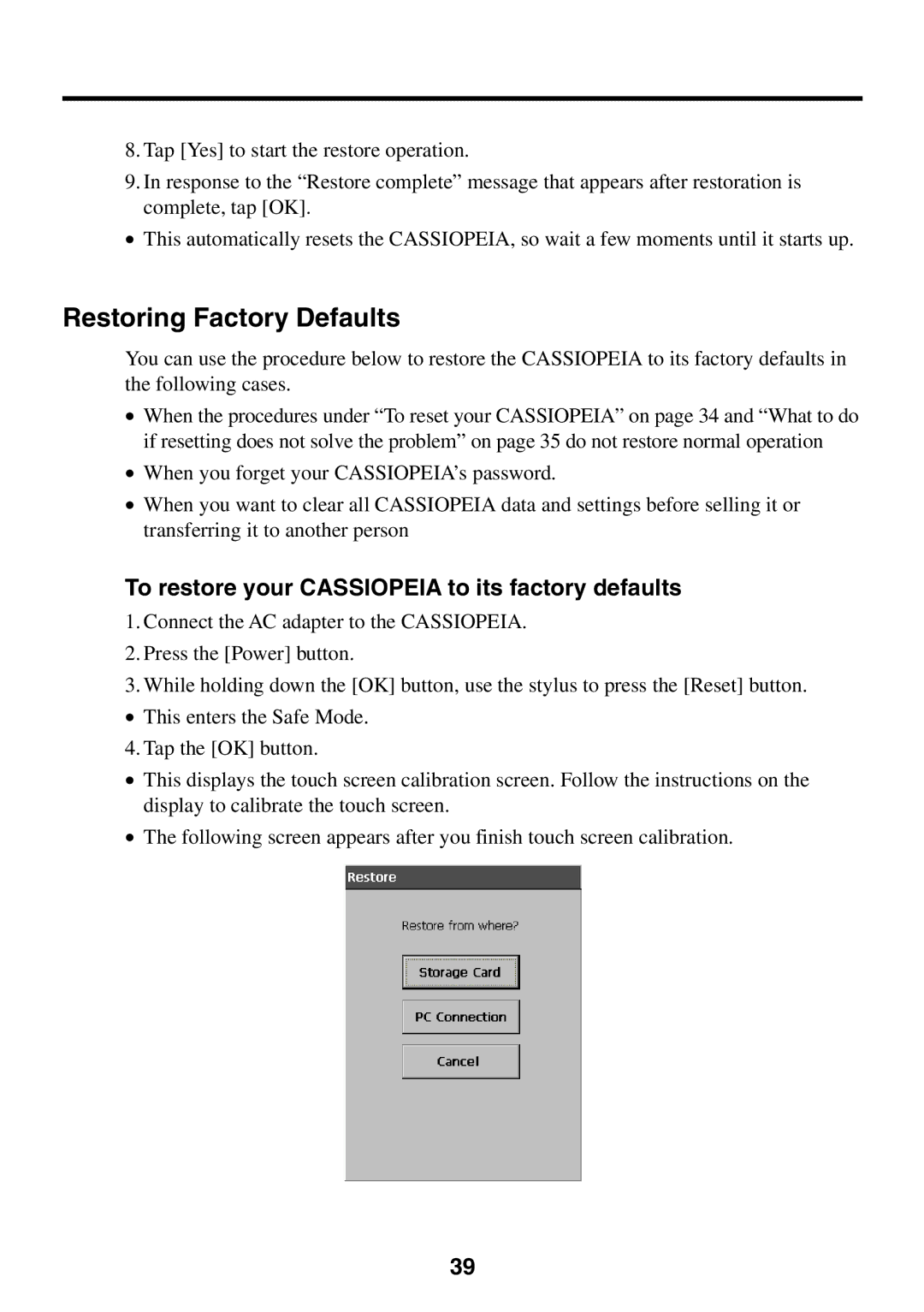 Casio BE-300 manual Restoring Factory Defaults, To restore your Cassiopeia to its factory defaults 